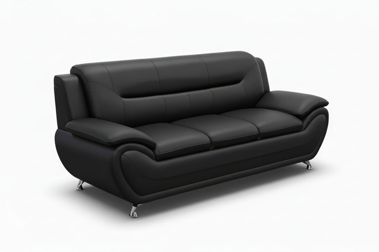 BOL "FELIX Black" Sofa, Faux Leather, Chrome Legs