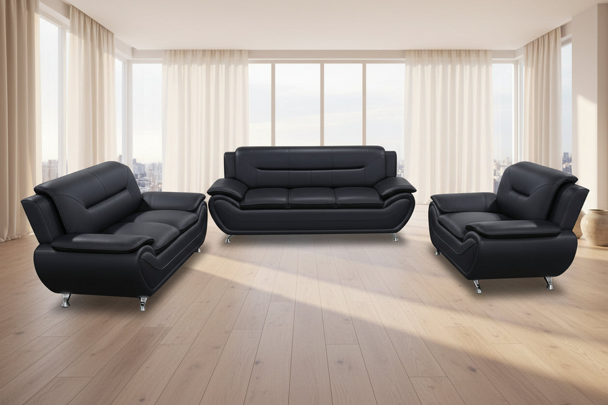 BOL "FELIX Black" Sofa Set, 3Pc, Faux Leather, Chrome Legs
