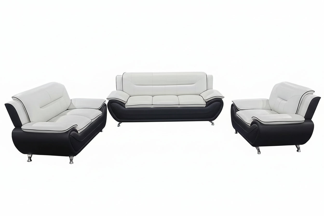BOL "FELIX" Sofa Set, Black and White, Faux Leather, Chrome Legs