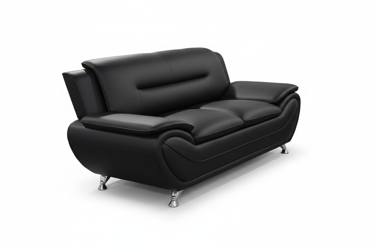 BOL "FELIX Black" Loveseat, Faux Leather, Chrome Legs
