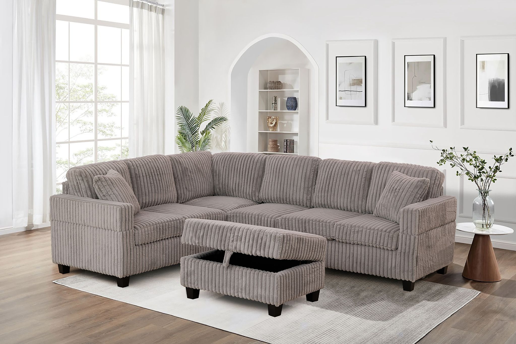 "GILLIAN" Sectional Sofa, Including Ottoman, Grey, Course Corduroy Fabric, Very Soft, Reversible