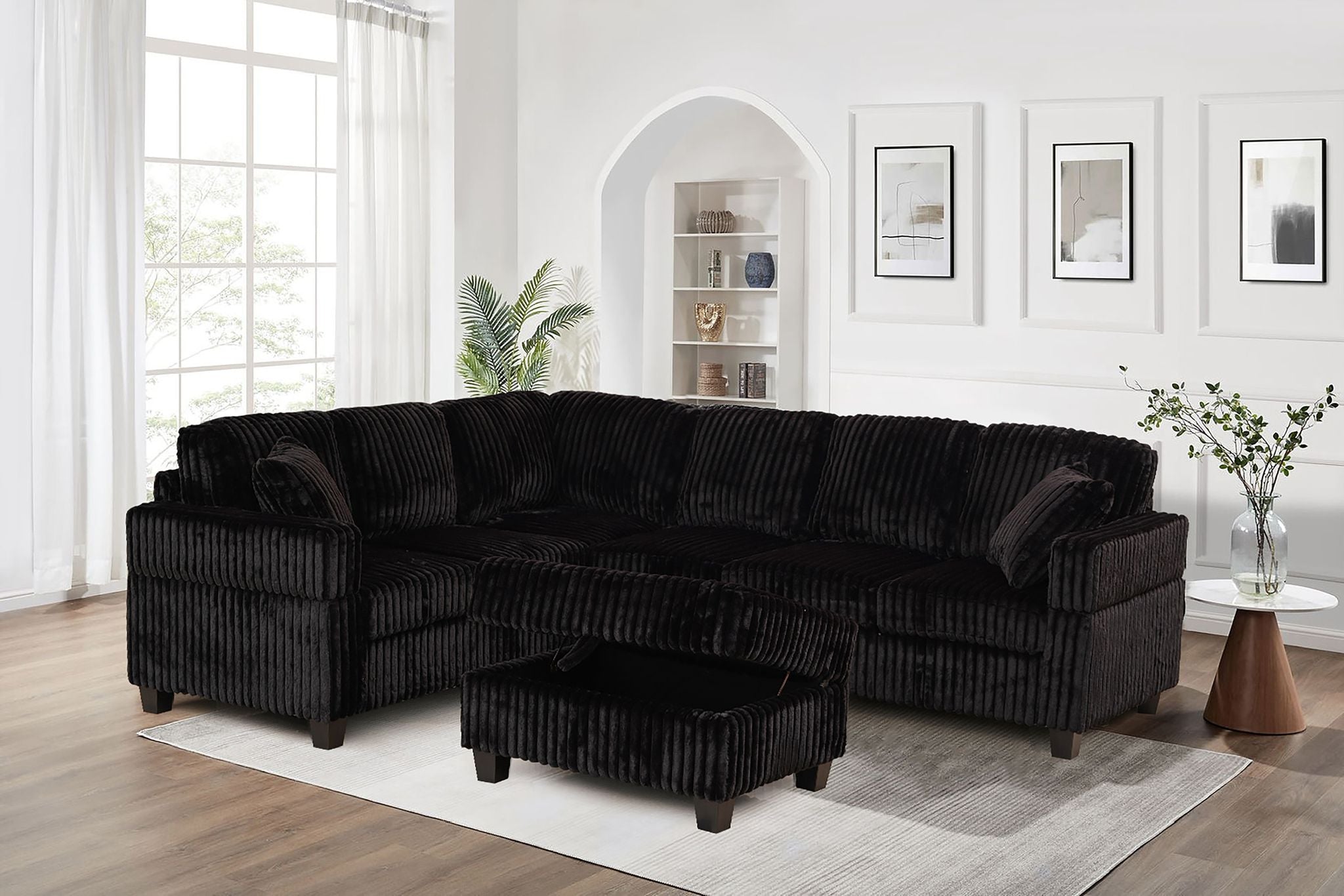"GILLIAN" Sectional Sofa, Including Ottoman, Black, Course Corduroy Fabric, Very Soft, Reversible