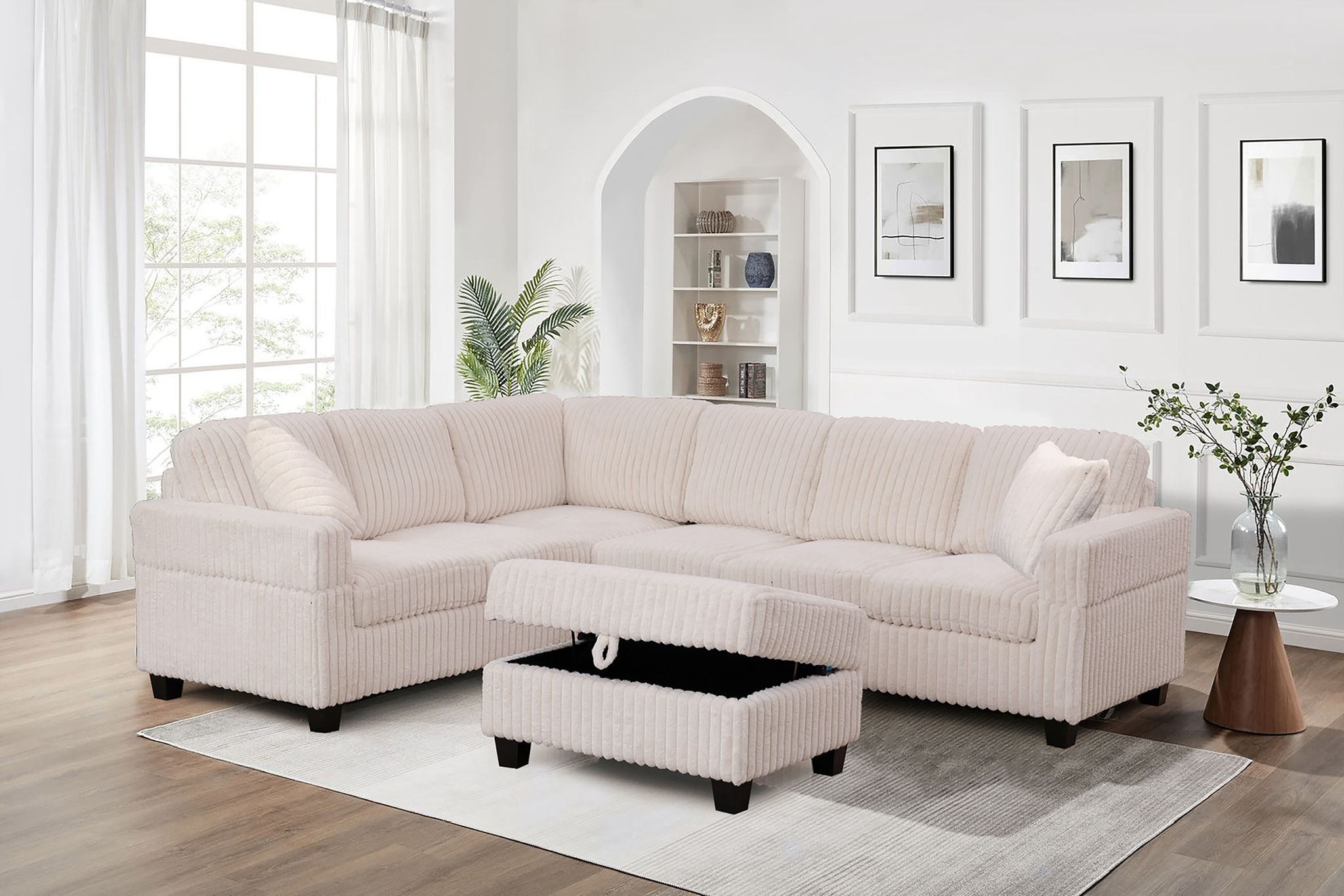 "GILLIAN" Sectional Sofa, Including Ottoman, Beige, Course Corduroy Fabric, Very Soft, Reversible