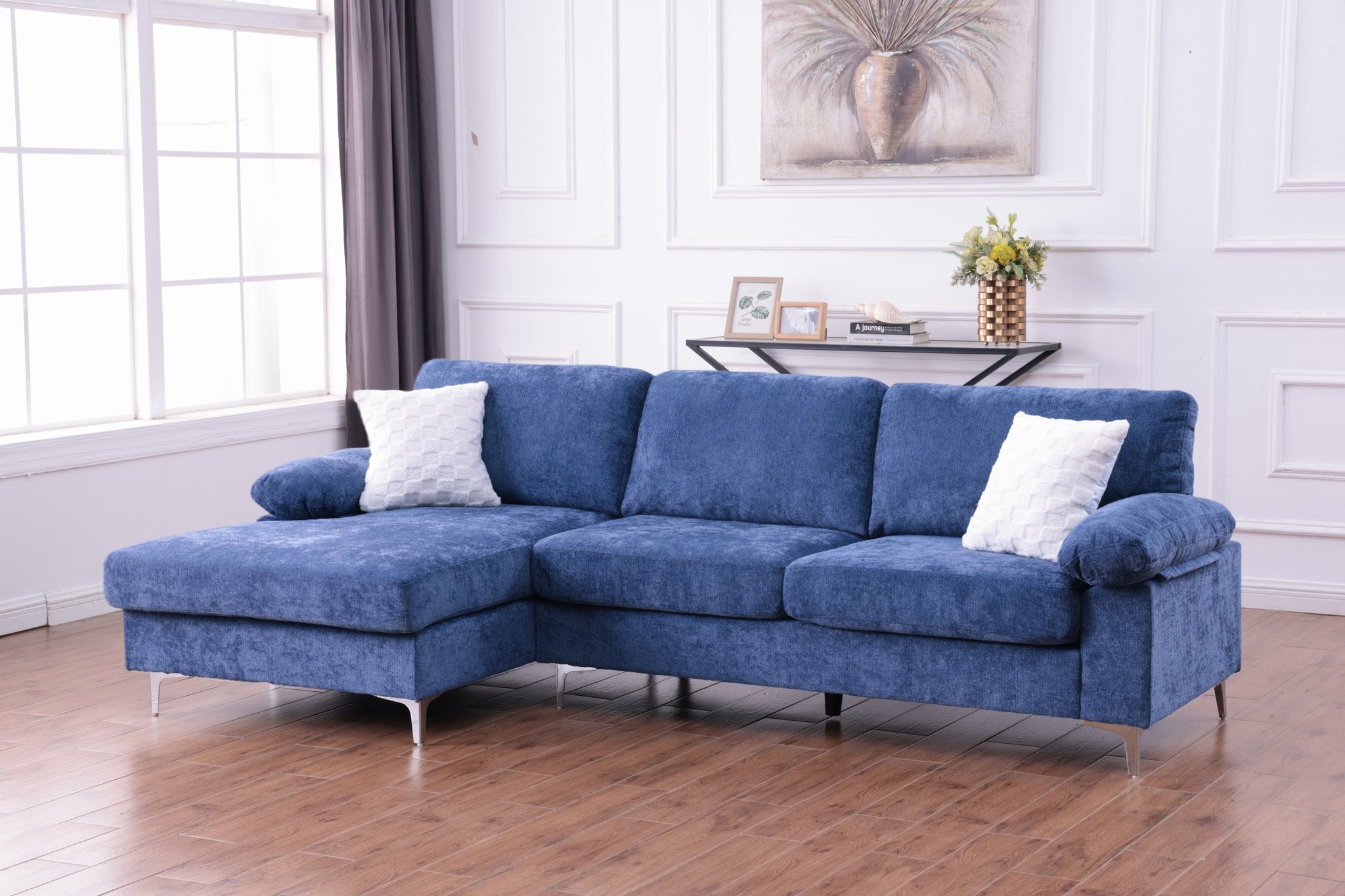 BOL "NOVA" Sectional Sofa, 103" Wide, Blue, Fabric, Left Hand Chaise Only, Chrome Metal Legs