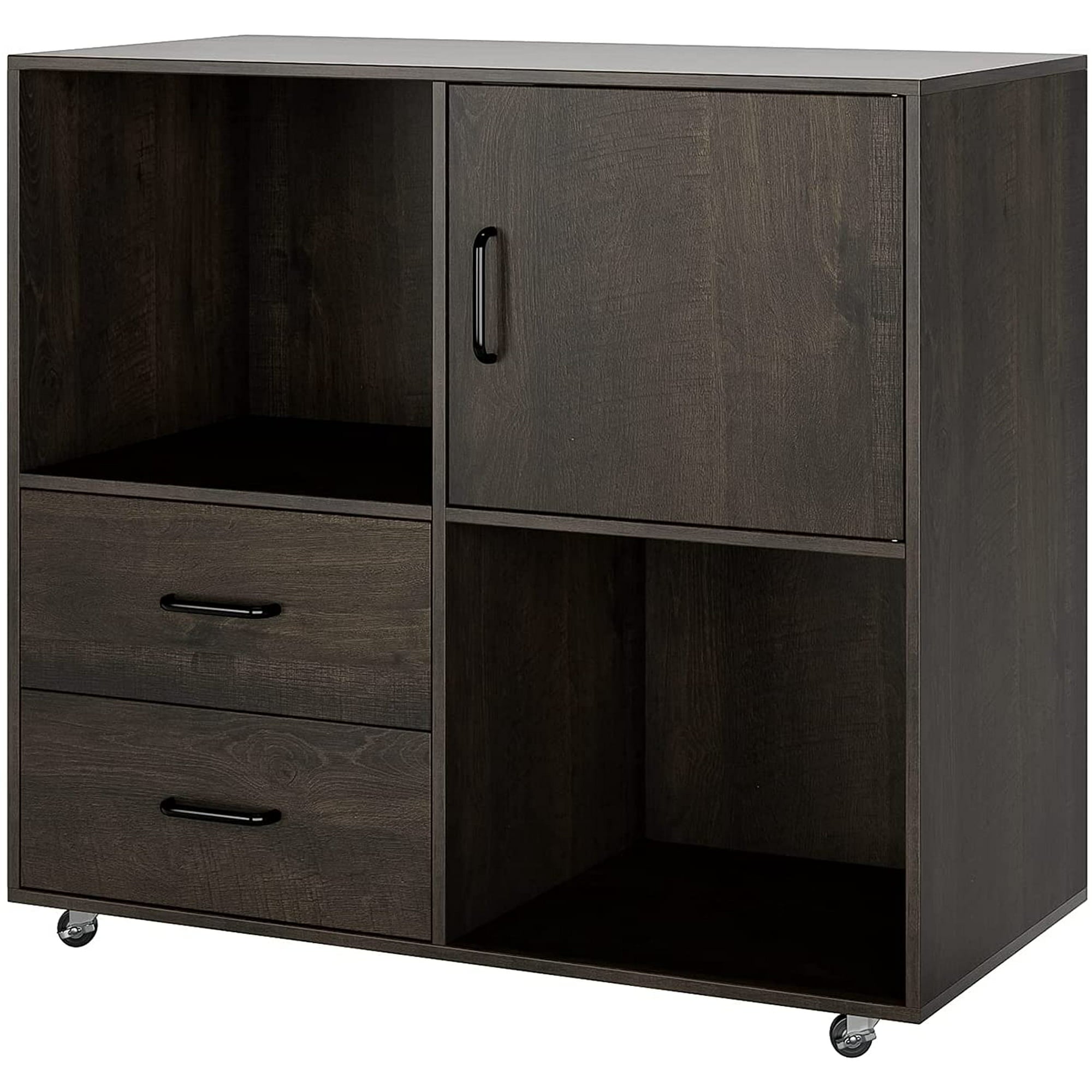 Filing Cabinet - Mobile Lateral Filing Cabinet with Wheels, Large Modern Printer Stand with 2 Drawers and Open Shelves, Functional Storage Cabinet for Home Office, Dark Brown