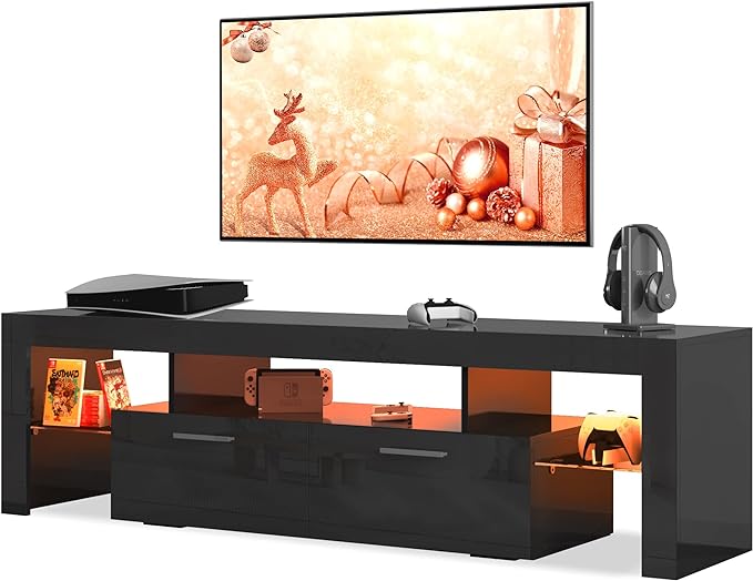 TV Stand, Glossy Black with LED Backlight, and Glass Shelf - JL Large TV