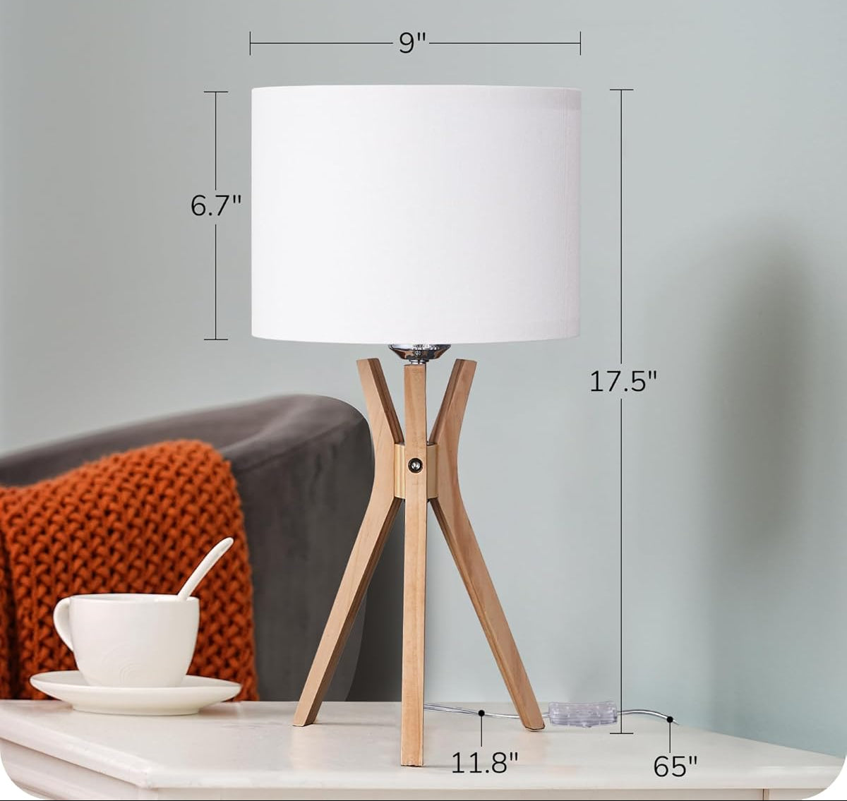 JL TL406 Modern Tripod Lamp, Natural Wood Legs, White Lampshade