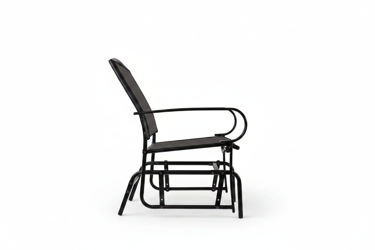 JL-0420 Patio Chair, Grey Wicker, Glider, Black Metal Frame, Outdoor