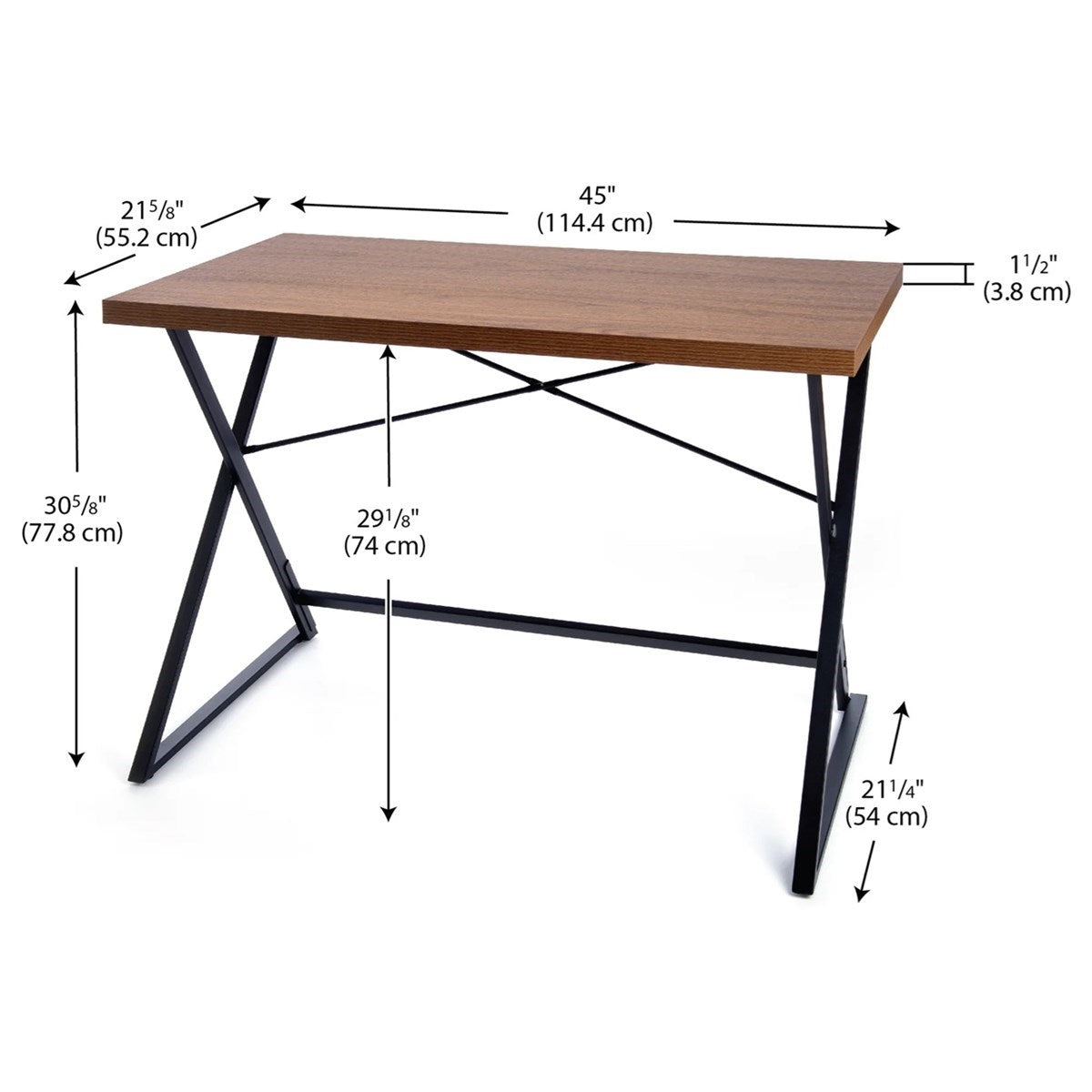 JL-062WD Writing Desk, 45" Wide, Brown, Black Metal X Frame