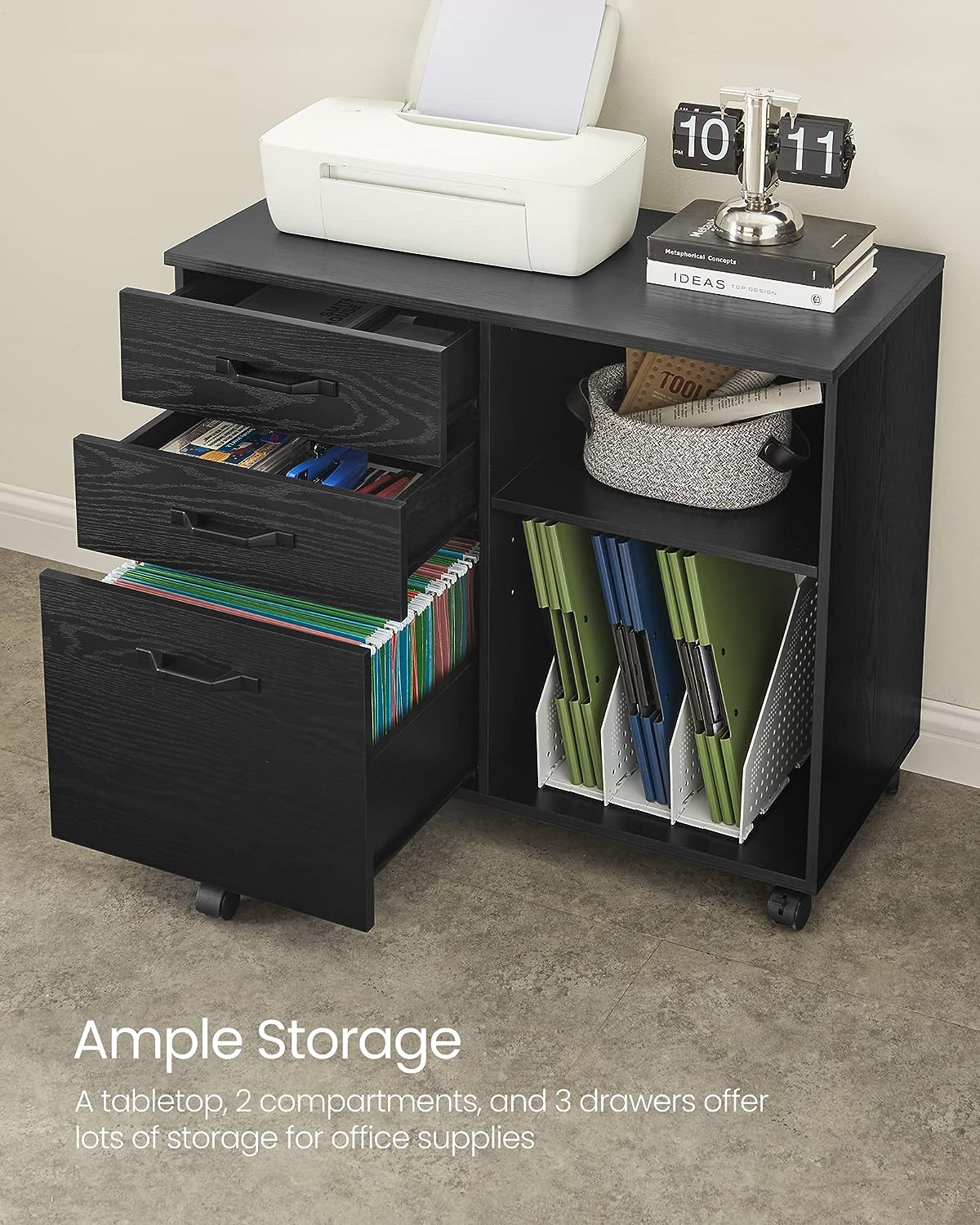 Storage Cabinet -Lateral File Cabinet for Home Office, for A4, Letter Sized Documents, Printer Stand, Black