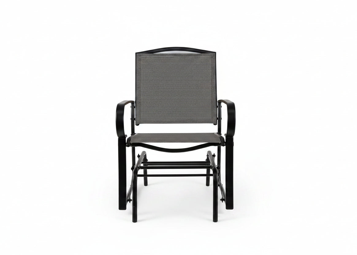 JL-0420 Patio Chair, Grey Wicker, Glider, Black Metal Frame, Outdoor