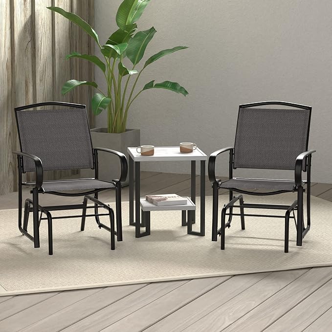 JL Outdoor Patio Chair, Glider, Black Frame, Grey Mesh Seat and Back