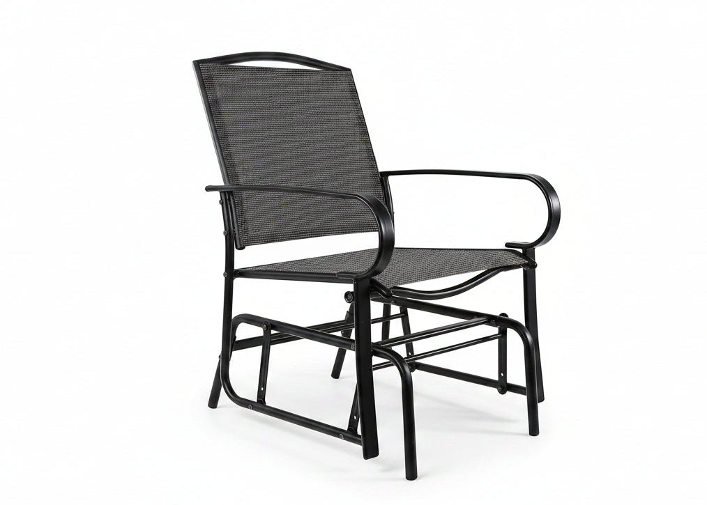 JL-0420 Patio Chair, Grey Wicker, Glider, Black Metal Frame, Outdoor
