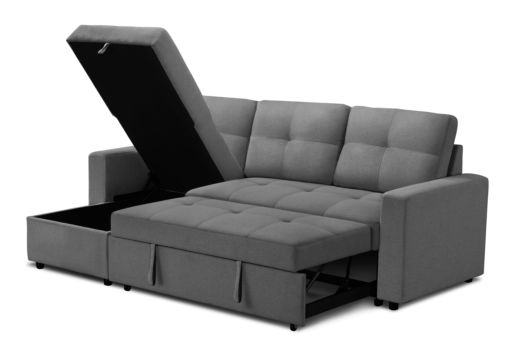 "JORDAN" Sectional Sofa, 88" Wide, Grey Fabric, Pullout Bed, Lift-Top Storage, Reversible Chaise