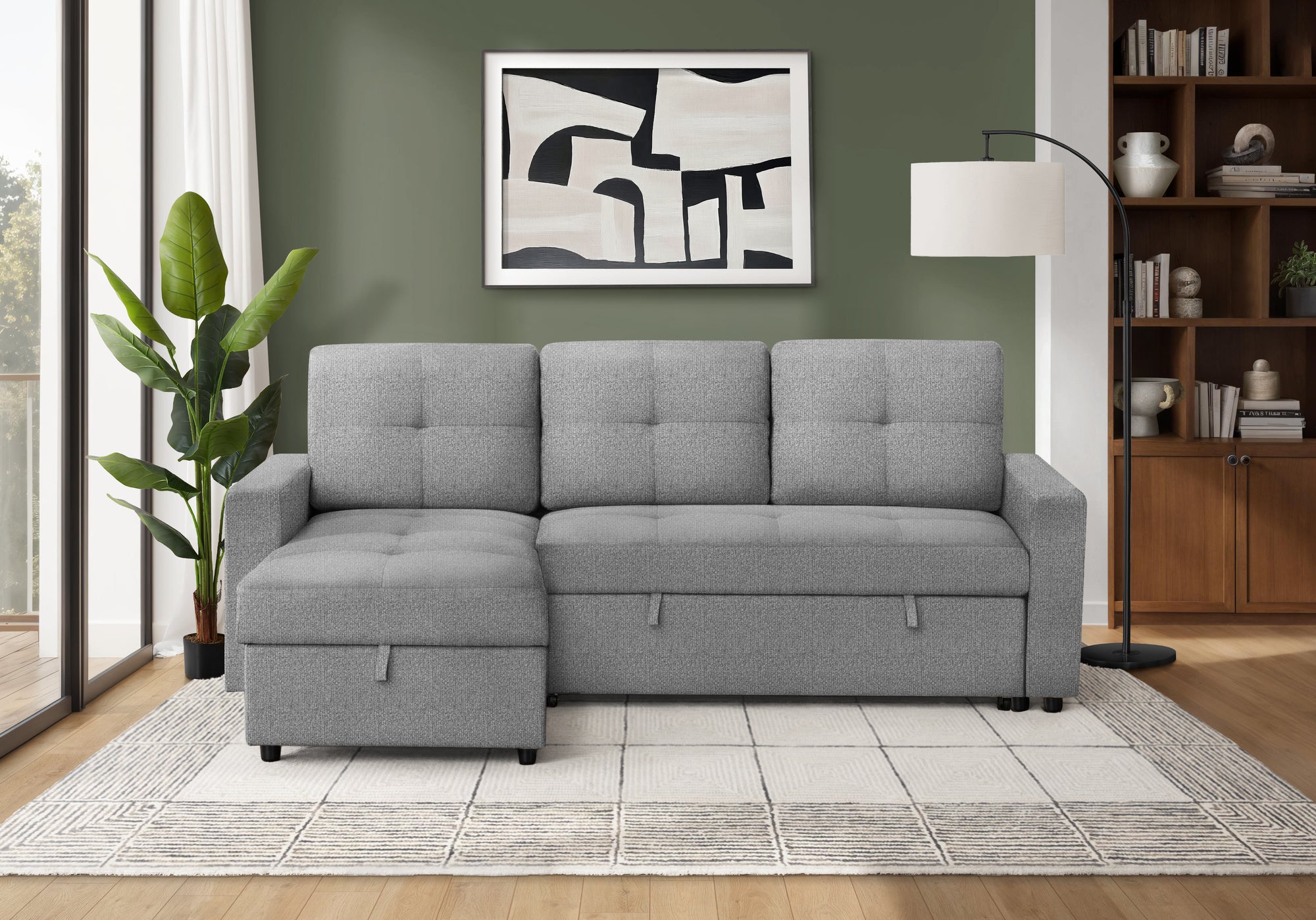 MN-T118A14L08    Sleeper Sofa, 90" Length, Convertible Sofa Bed, Storage Chaise, Light Grey Fabric, Transitional