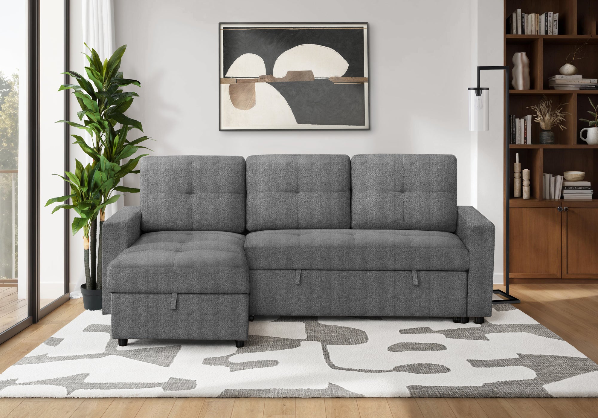 MN-T118A14L13    Sleeper Sofa, 90" Length, Convertible Sofa Bed, Storage Chaise, Dark Grey Fabric, Transitional