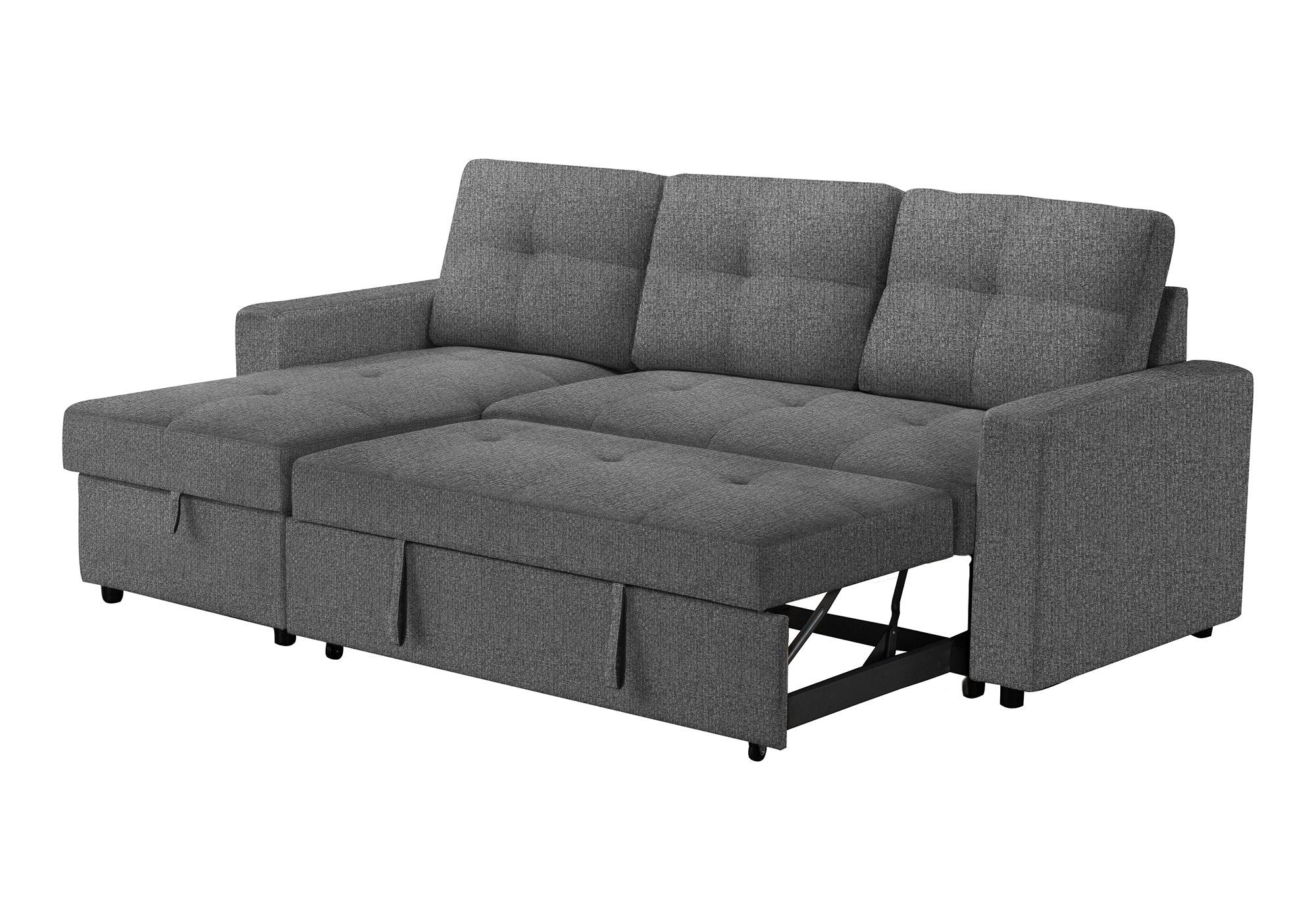 MN-T118A14L13    Sleeper Sofa, 90" Length, Convertible Sofa Bed, Storage Chaise, Dark Grey Fabric, Transitional
