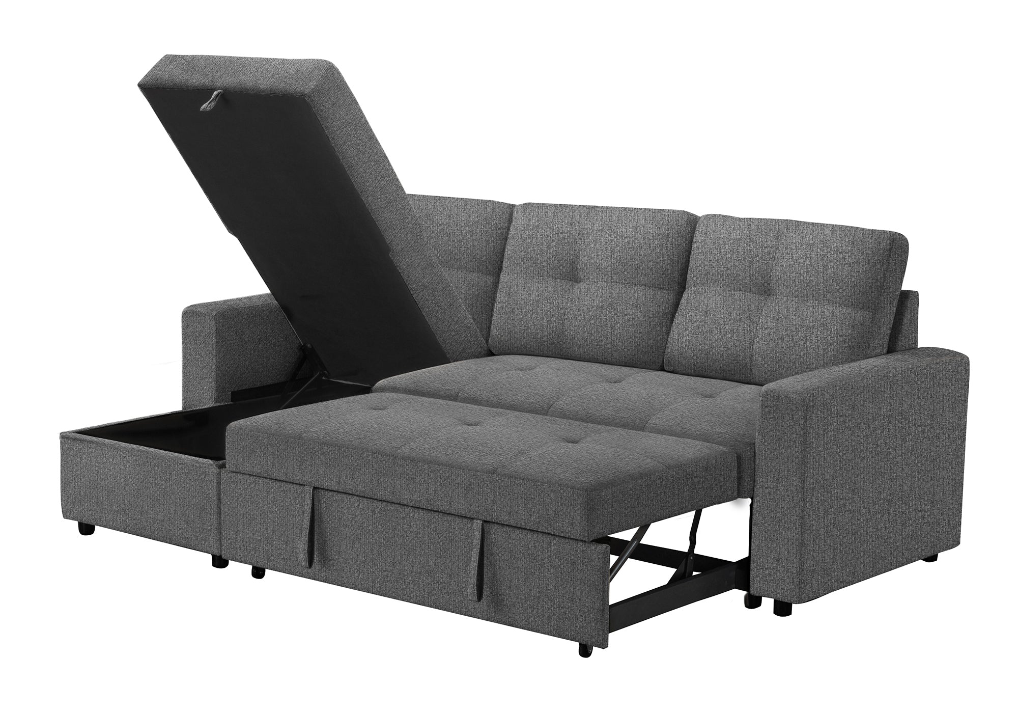 MN-T118A14L13    Sleeper Sofa, 90" Length, Convertible Sofa Bed, Storage Chaise, Dark Grey Fabric, Transitional