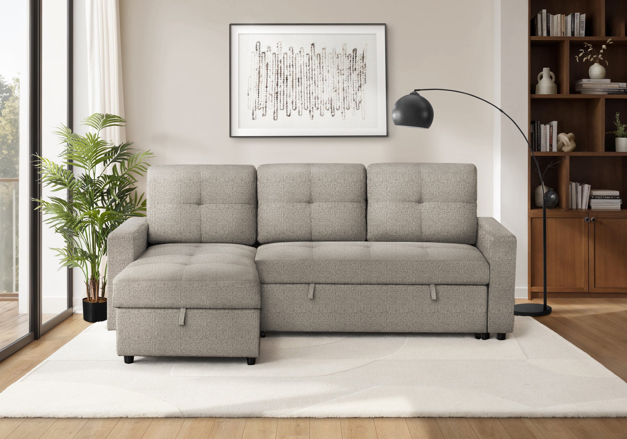 MN-T118A14L31    Sleeper Sofa, 90" Length, Convertible Sofa Bed, Storage Chaise, Light Brown Fabric, Transitional