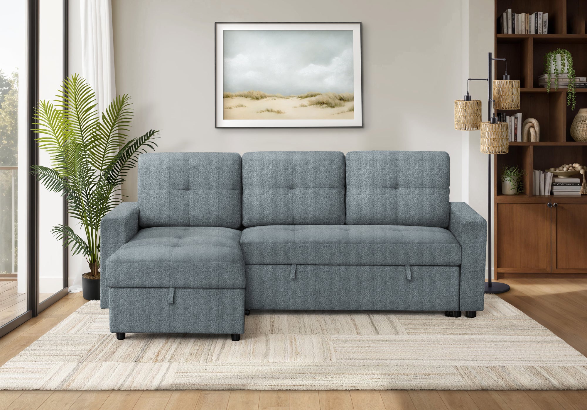 MN-T11A8A14L83    Sleeper Sofa, 90" Length, Convertible Sofa Bed, Storage Chaise, Light Blue Fabric, Transitional
