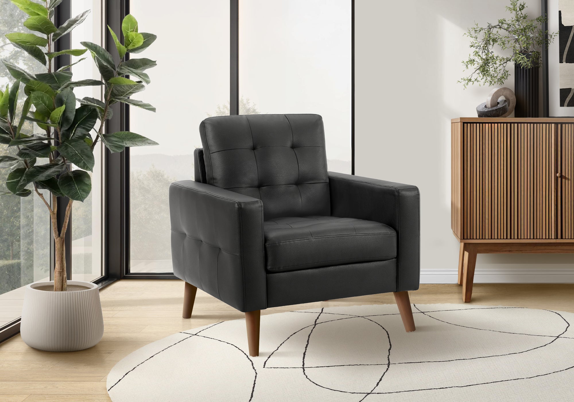MN-248J11A95    Chair, 31" Wide, Upholstered, Accent Chair, Black Leather Look, Walnut Wood Legs, Mid Century, Modern