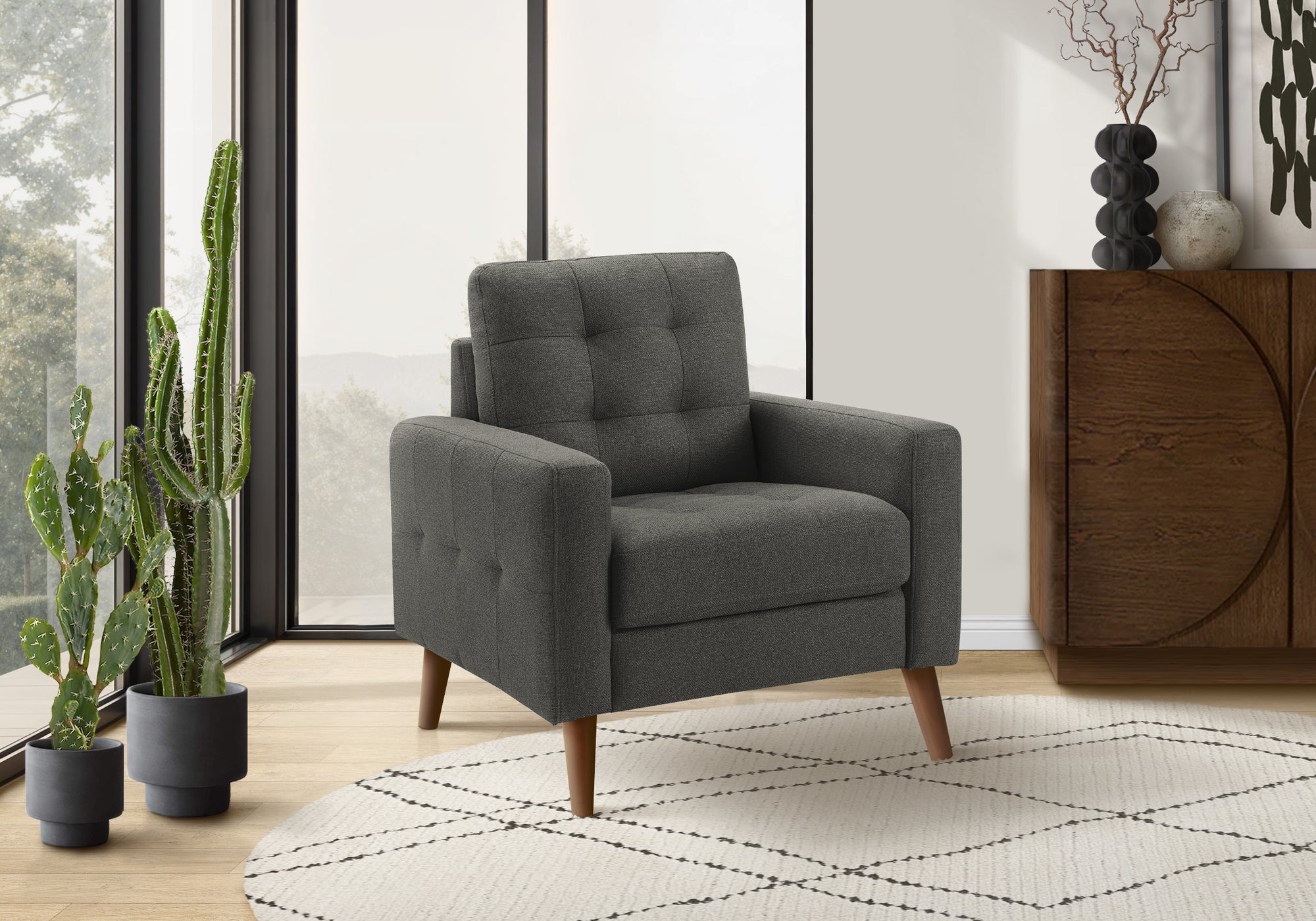 MN-258J11L17    Chair, 31" Wide, Upholstered, Accent Chair, Dark Grey Fabric, Walnut Wood Legs, Mid Century, Modern