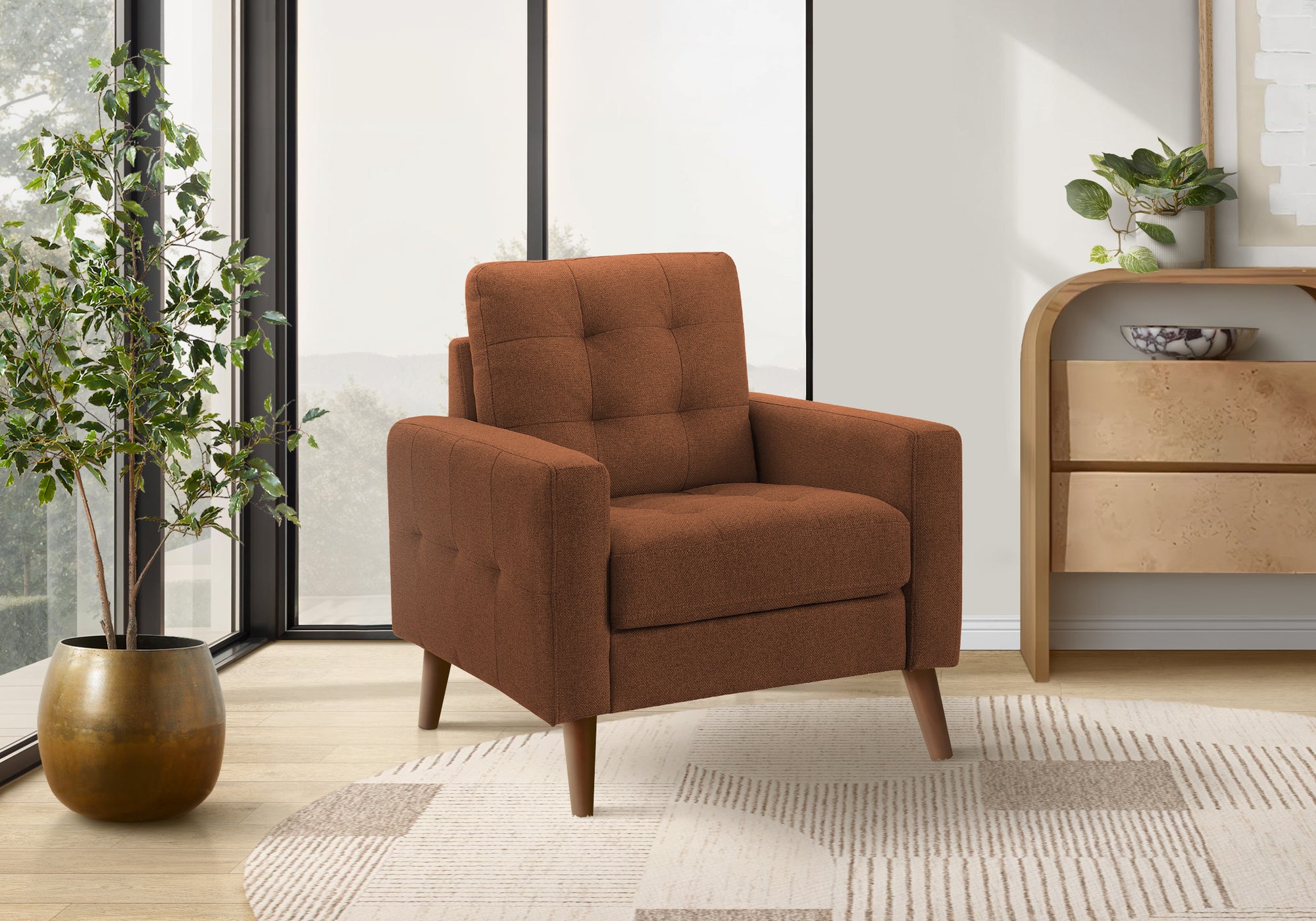 MN-268J11L44    Chair, 31" Wide, Accent Chair, Upholstered, Rust Fabric, Walnut Wood Legs, Mid Century