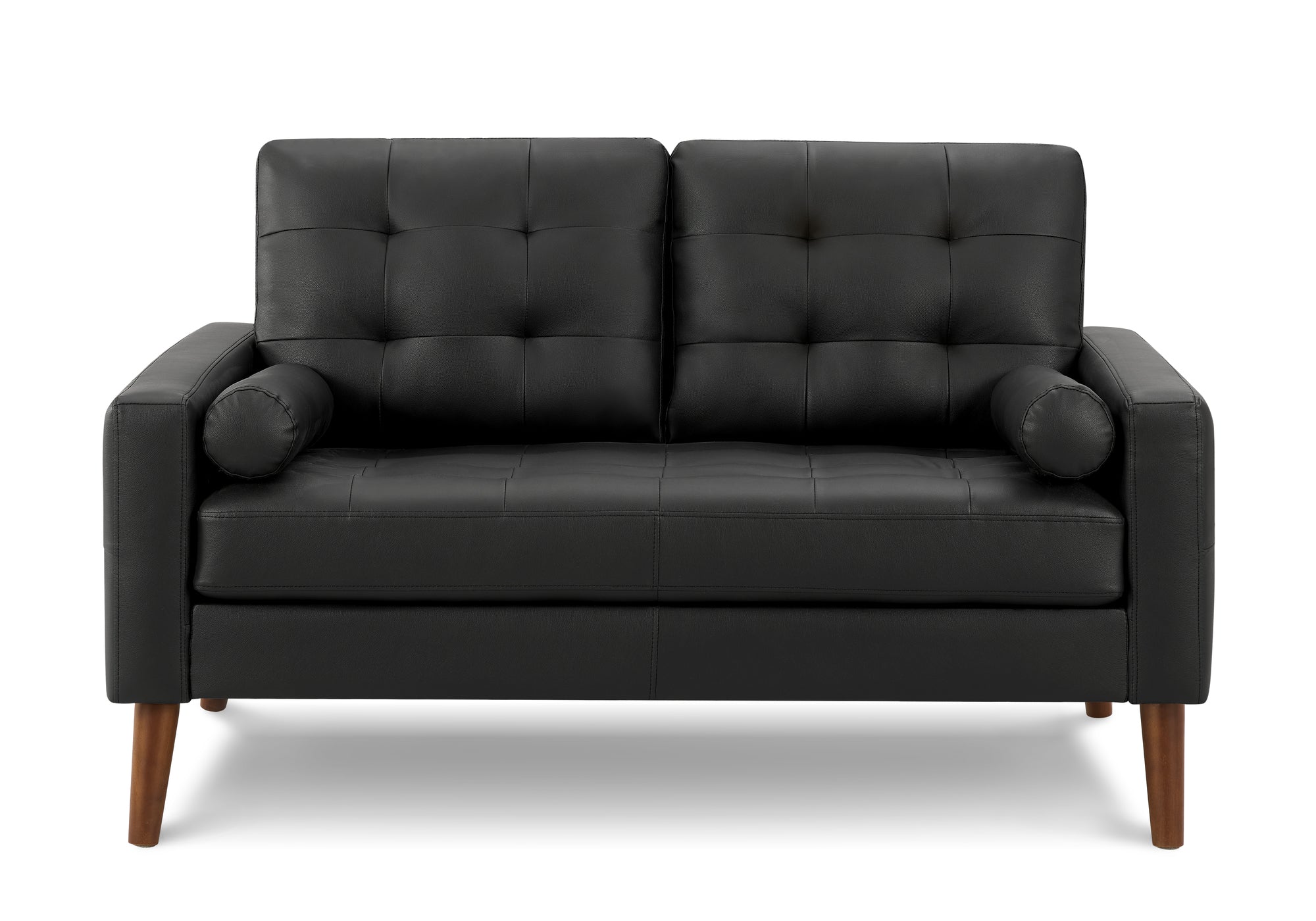 MN-288J12A95    Love Seat, 58" L, Upholstered, Living Room, Black Leather Look, Walnut Wood Legs, Mid Century, Modern