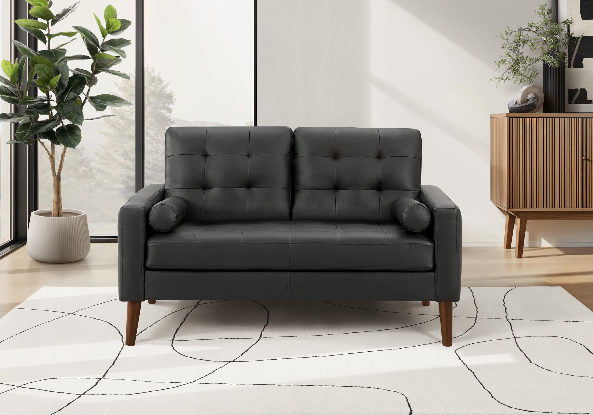 MN-288J12A95    Love Seat, 58" L, Upholstered, Living Room, Black Leather Look, Walnut Wood Legs, Mid Century, Modern