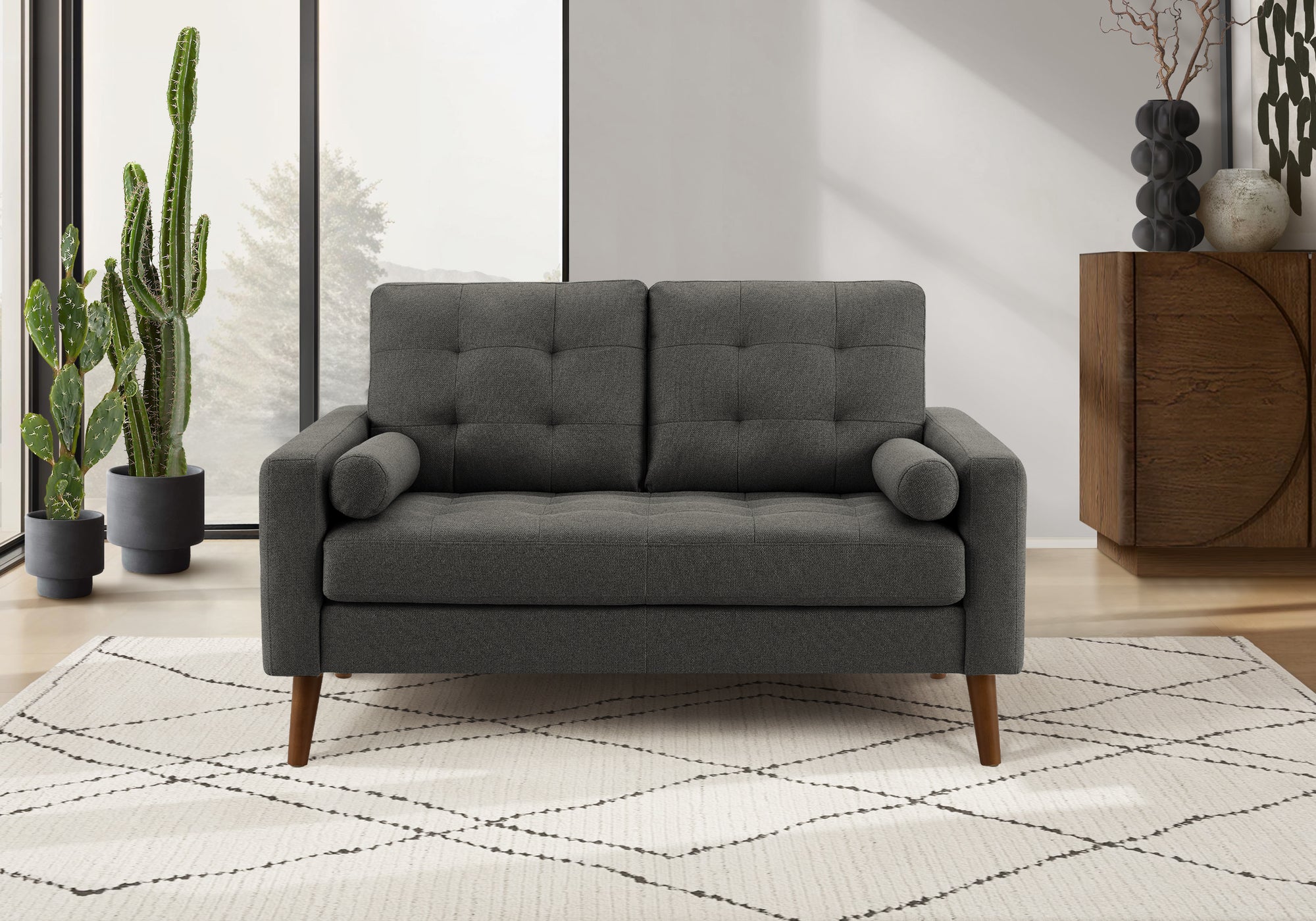 MN-298J12L17    Love Seat, 58" L, Upholstered, Living Room, Dark Grey Fabric, Walnut Wood Legs, Mid Century, Modern