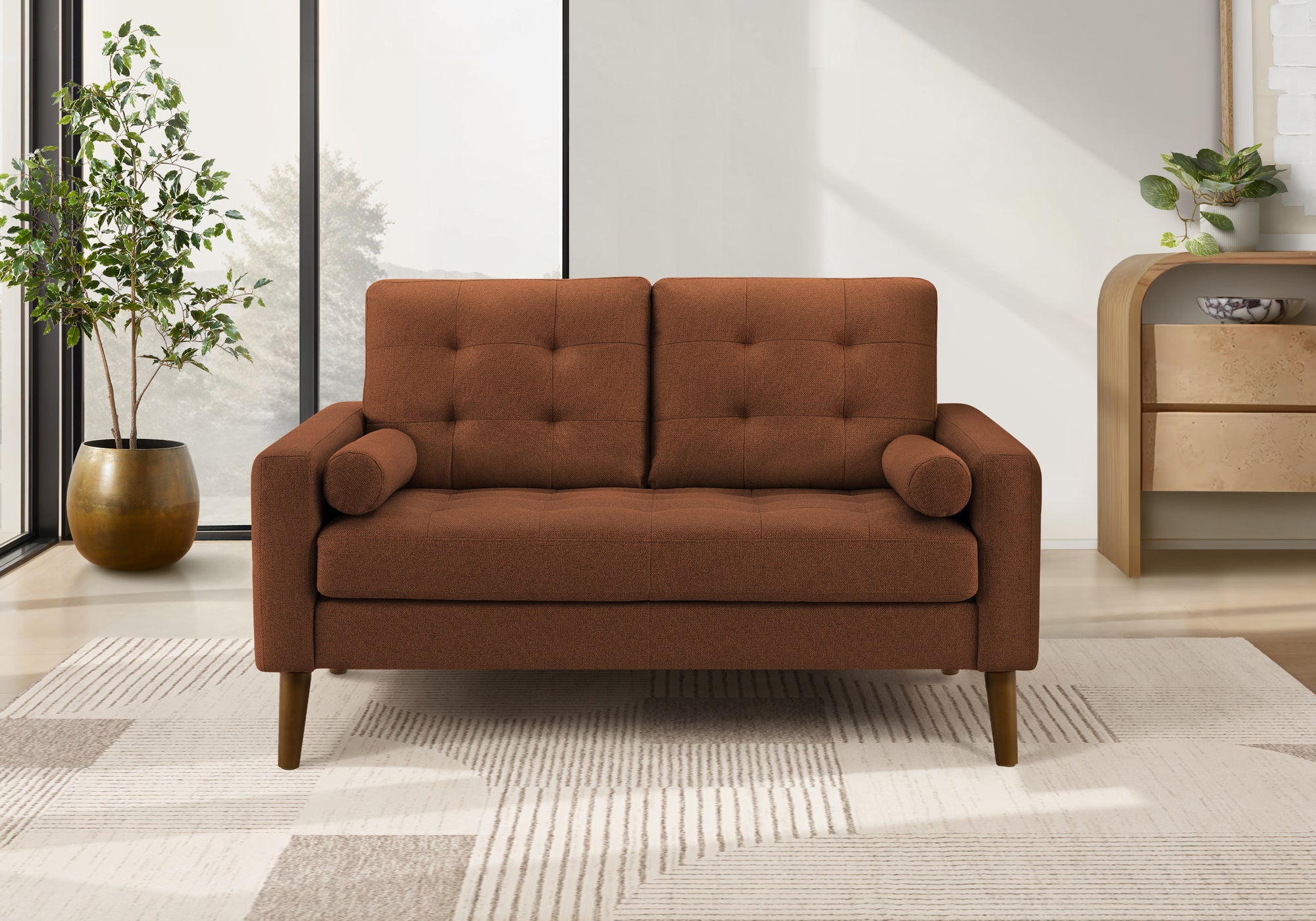 MN-308J12L44    Love Seat, 58" L, Upholstered, Living Room, Rust Fabric, Walnut Wood Legs, Mid Century
