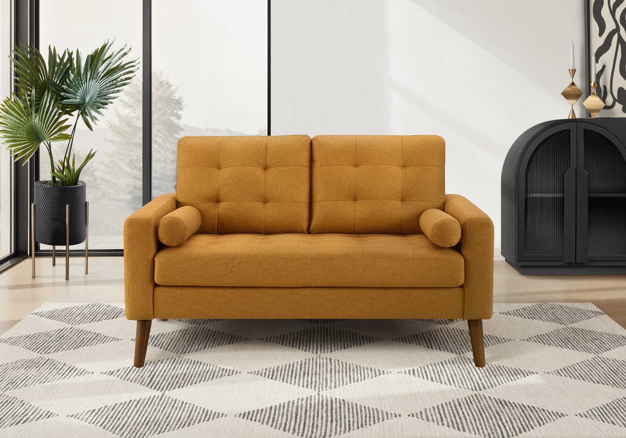 MN-318J12L68    Love Seat, 58" L, Upholstered, Living Room, Orange Fabric, Walnut Wood Legs, Mid Century