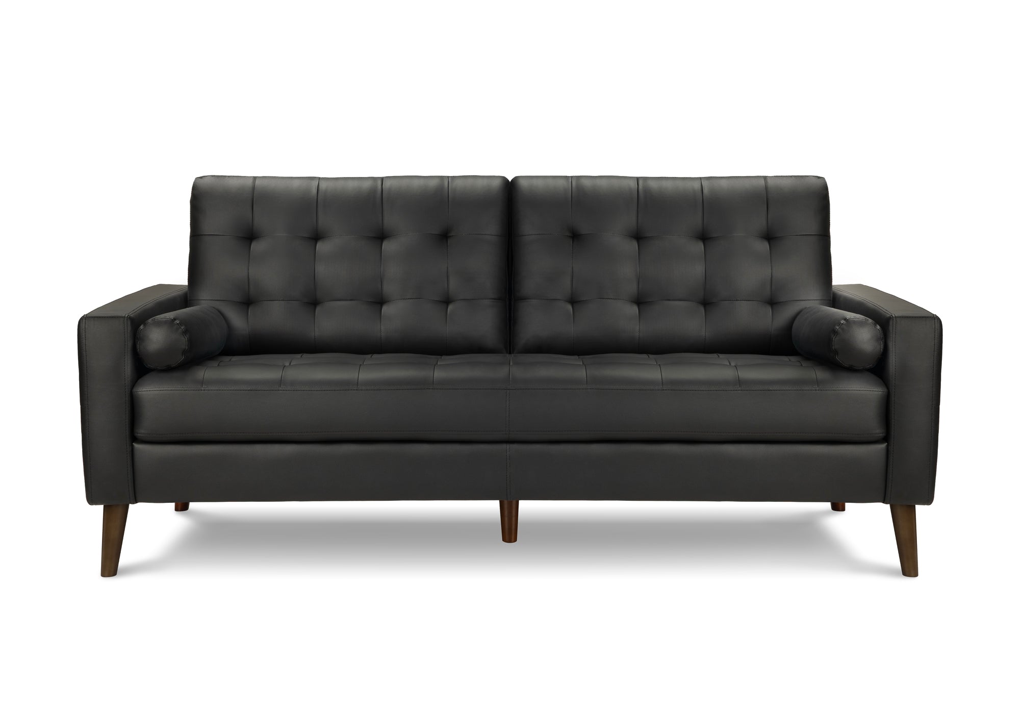 MN-328J13A95    Sofa, 75"l, Upholstered, Decorative Pillows Included, Solid Wood Legs, Black Leather-look, Mid Century, Modern