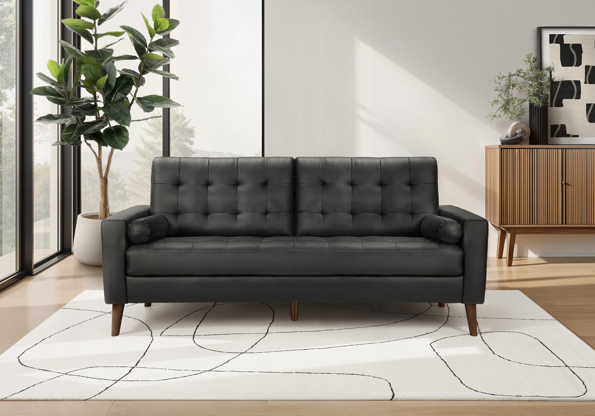 MN-328J13A95    Sofa, 75"l, Upholstered, Decorative Pillows Included, Solid Wood Legs, Black Leather-look, Mid Century, Modern