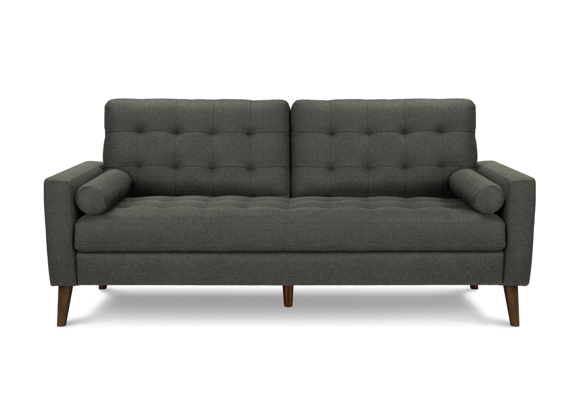MN-338J13L17    Sofa, 75"l, Upholstered, Decorative Pillows Included, Solid Wood Legs, Dark Grey Fabric, Mid Century, Modern