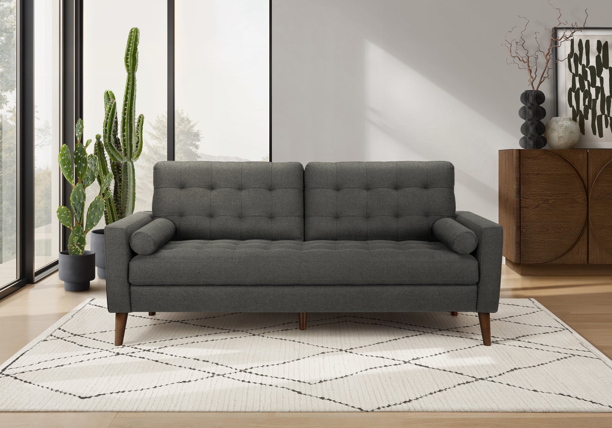 MN-338J13L17    Sofa, 75"l, Upholstered, Decorative Pillows Included, Solid Wood Legs, Dark Grey Fabric, Mid Century, Modern