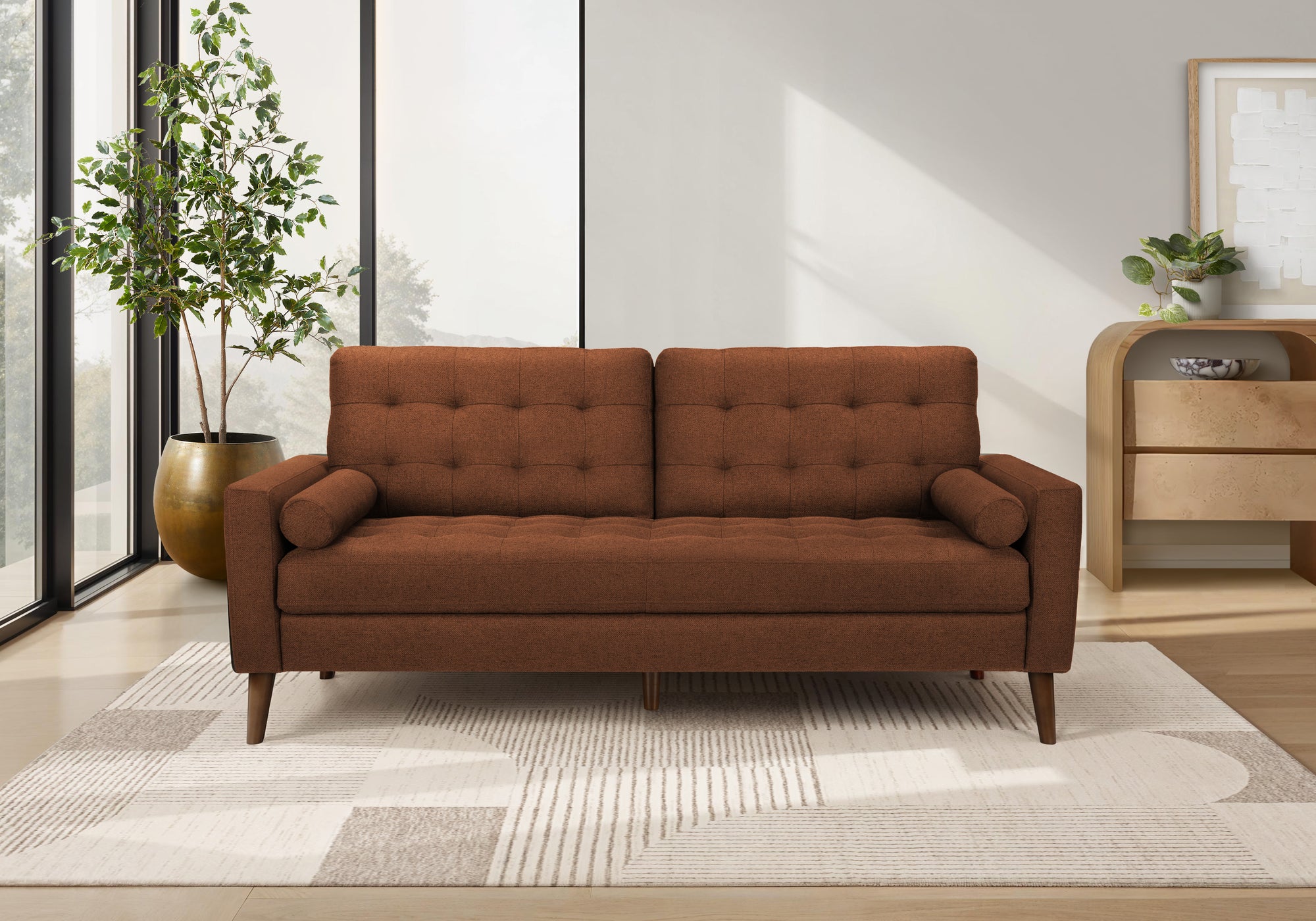 MN-348J13L44    Sofa, 75"l, Decorative Pillows Included, Solid Wood Legs, Upholstered, Rust Fabric, Mid Century