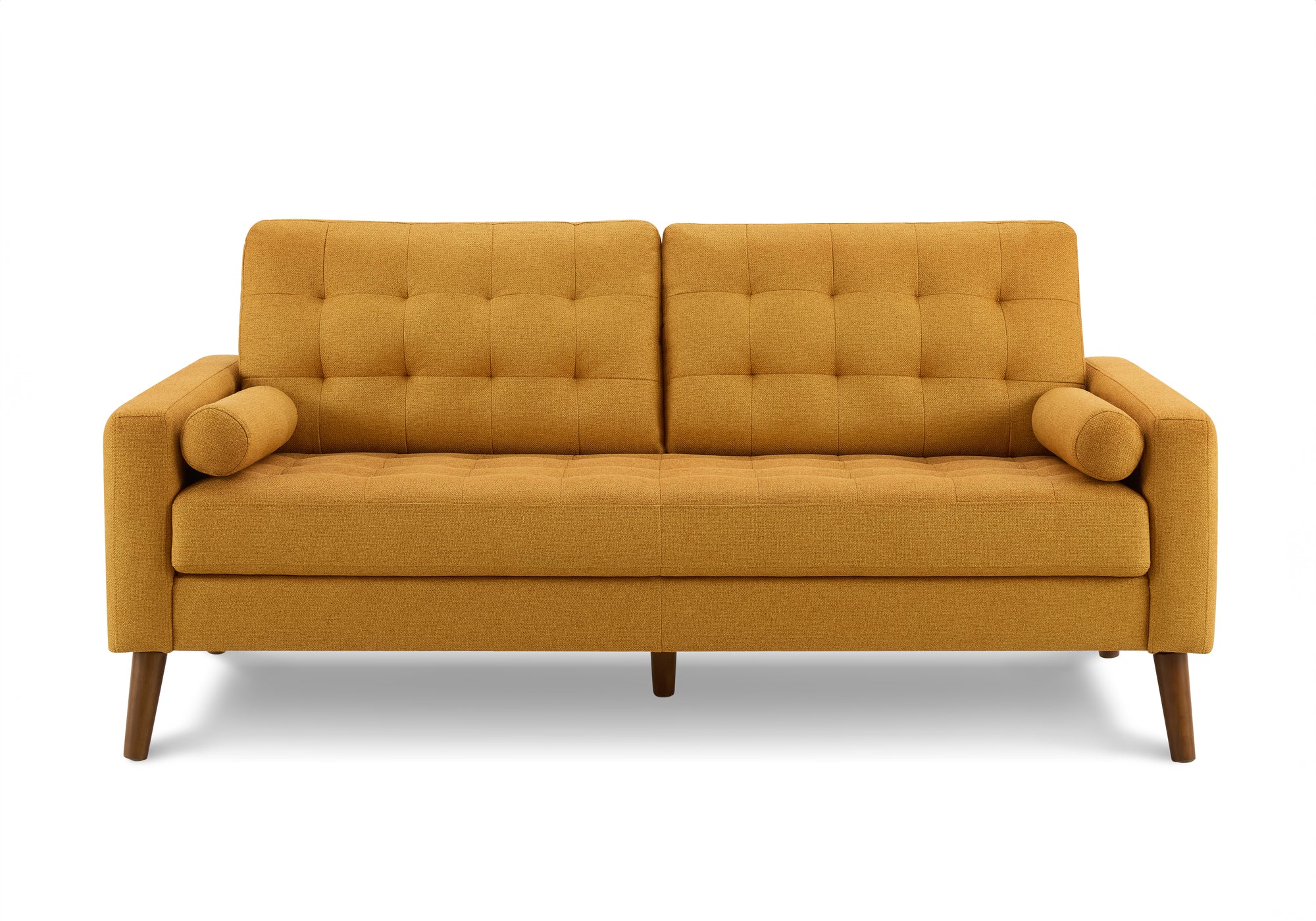 MN-358J13L68    Sofa, 75"l, Decorative Pillows Included, Solid Wood Legs, Upholstered, Orange Fabric, Mid Century