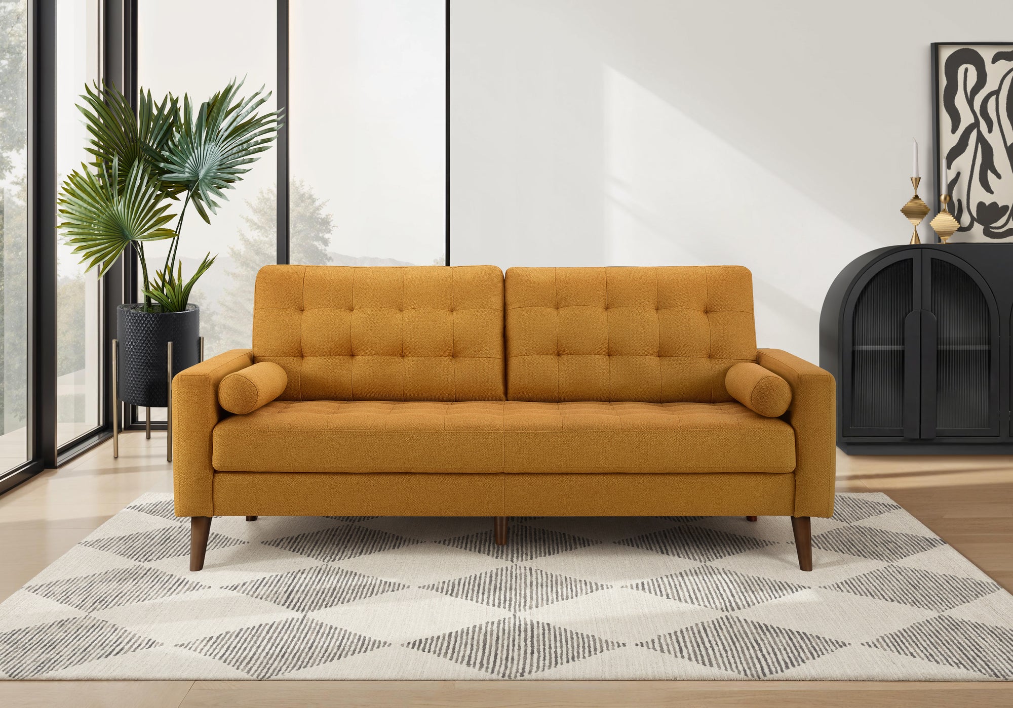 MN-358J13L68    Sofa, 75"l, Decorative Pillows Included, Solid Wood Legs, Upholstered, Orange Fabric, Mid Century