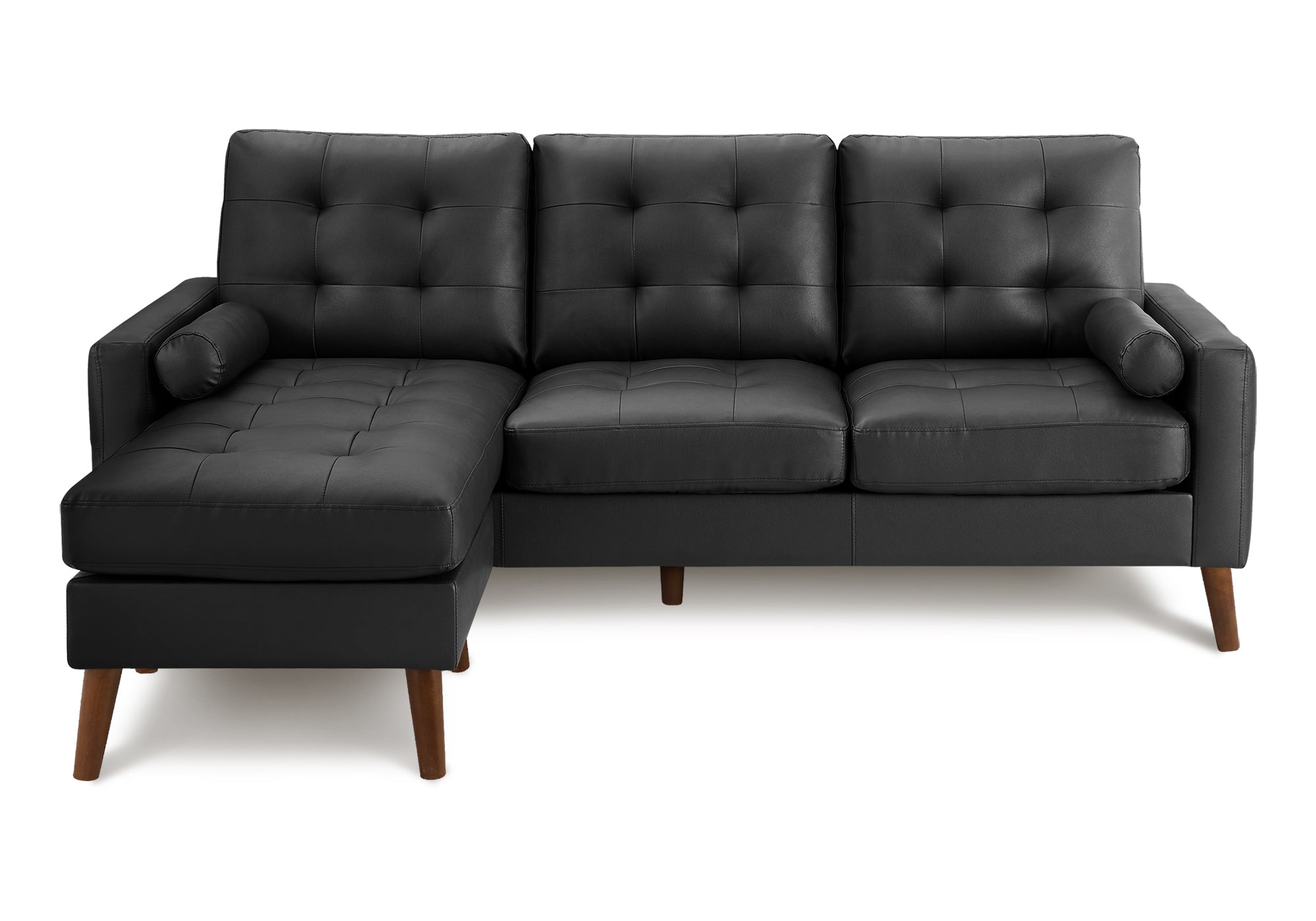MN-368J14A95    Sofa Lounger, 85" Wide, Upholstered, Chaise Lounge, Black Leather Look, Walnut Solid Wood Legs, Mid Century, Modern