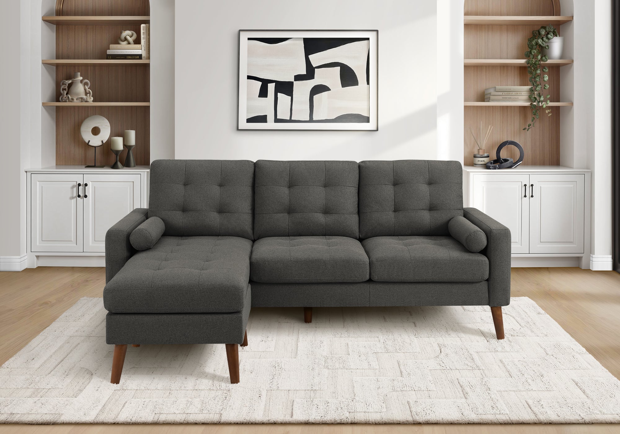 MN-378J14L17    Sofa Lounger, 85" Wide, Upholstered, Chaise Lounge, Walnut Solid Wood Legs, Mid Century, Modern