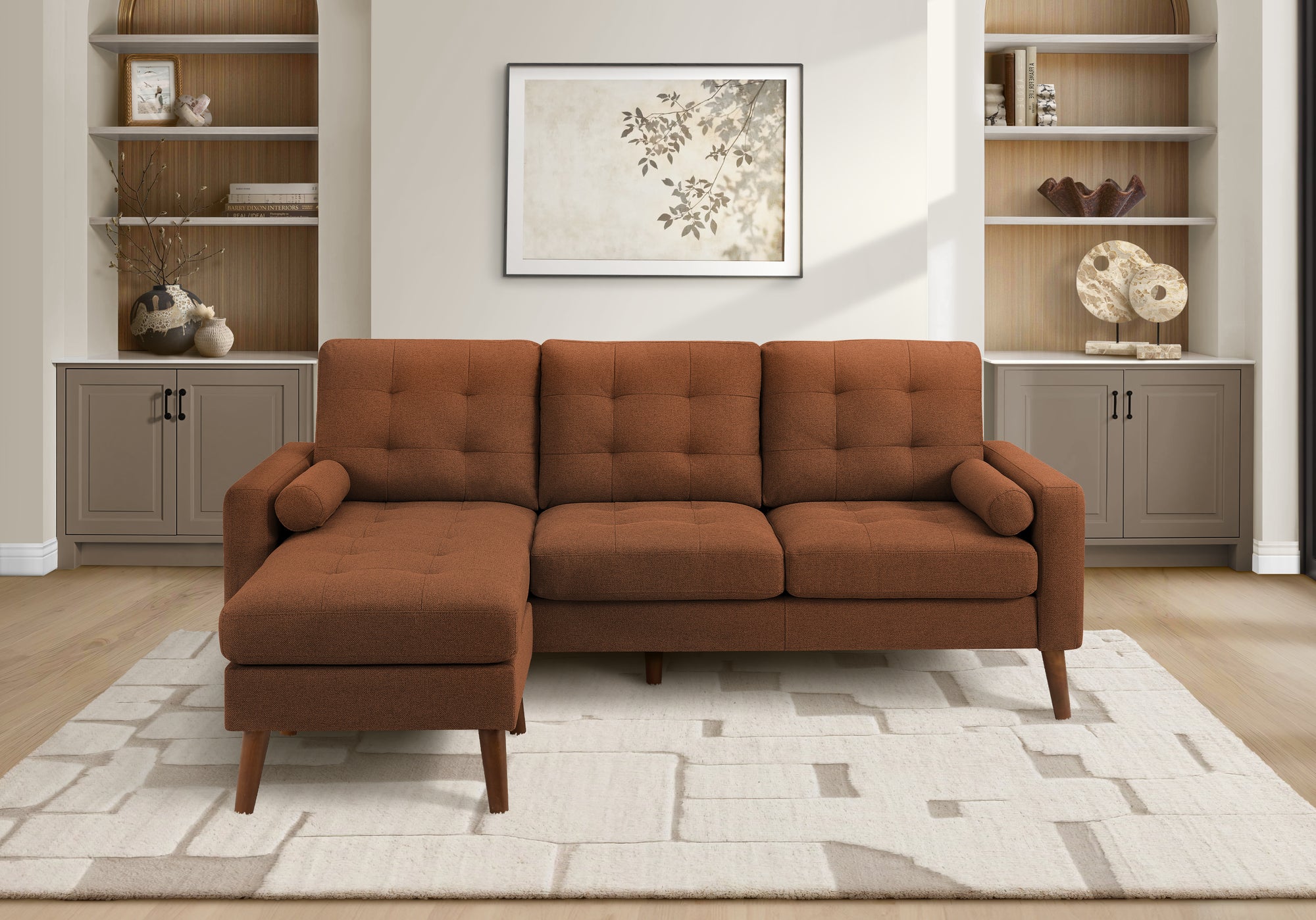 MN-388J14L44    Sofa Lounger, 85" Wide, Upholstered, Chaise Lounge, Rust Fabric, Walnut Solid Wood Legs, Mid Century