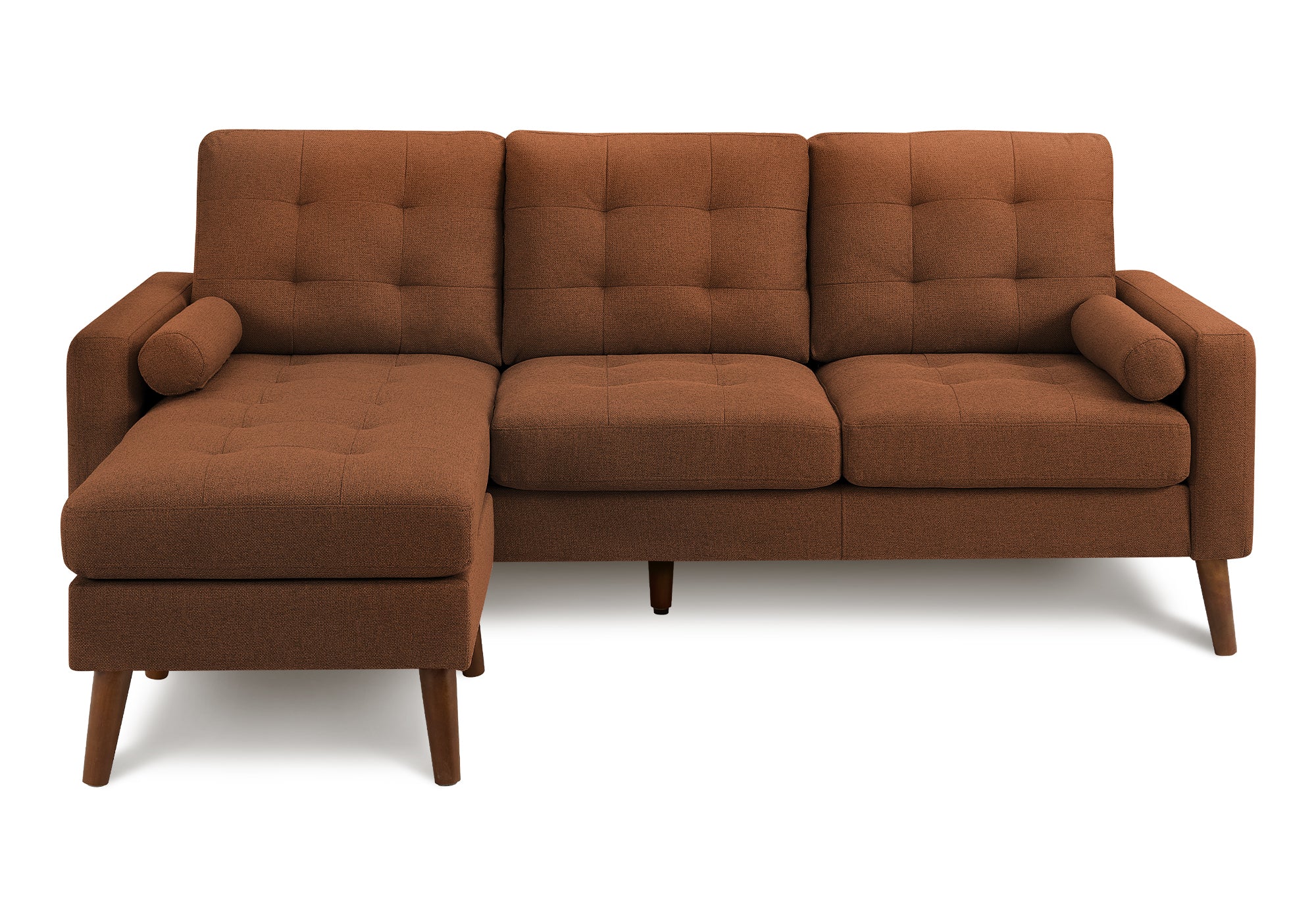 MN-388J14L44    Sofa Lounger, 85" Wide, Upholstered, Chaise Lounge, Rust Fabric, Walnut Solid Wood Legs, Mid Century
