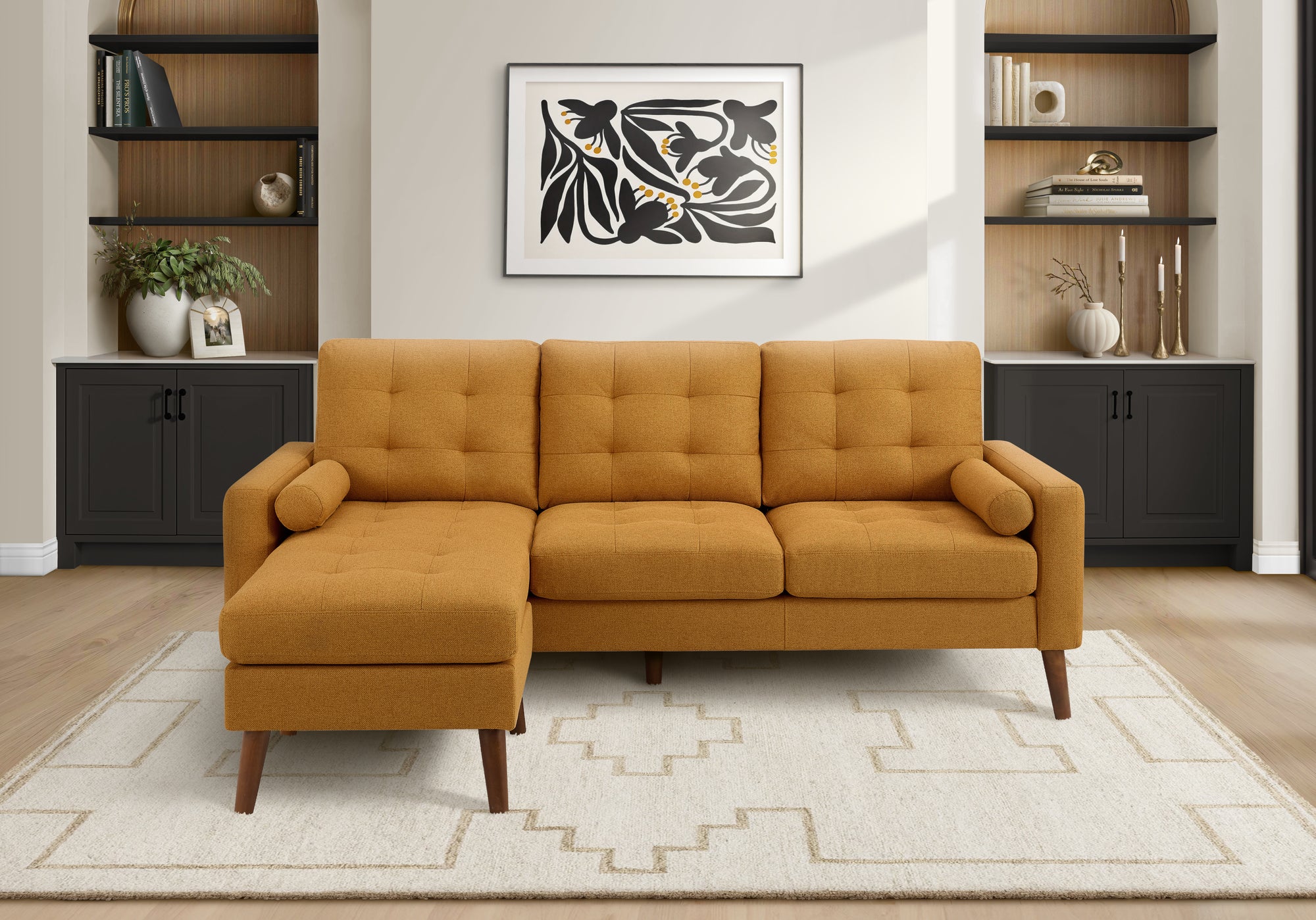 MN-398J14L68    Sofa Lounger, 85" Wide, Upholstered, Chaise Lounge, Orange Fabric, Walnut Solid Wood Legs, Mid Century