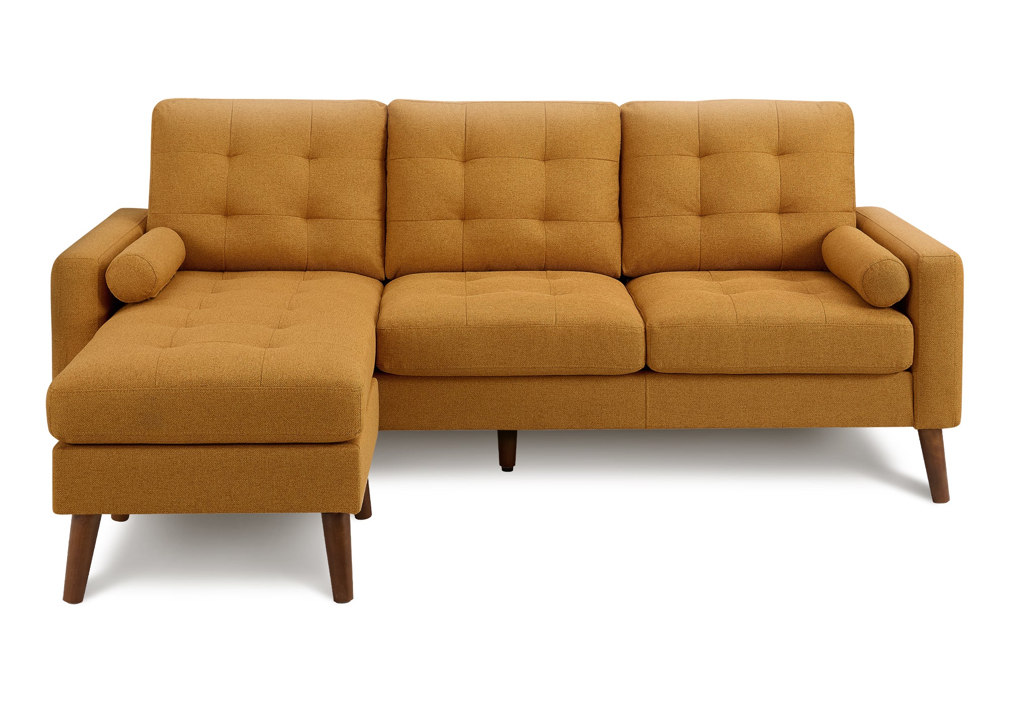 MN-398J14L68    Sofa Lounger, 85" Wide, Upholstered, Chaise Lounge, Orange Fabric, Walnut Solid Wood Legs, Mid Century