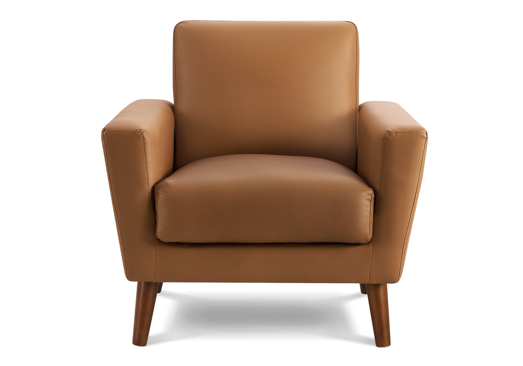 MN-408J21710    Chair, 34" Wide, Upholstered, Accent Chair, Cognac Leather Look, Walnut Wood Legs, Mid Century