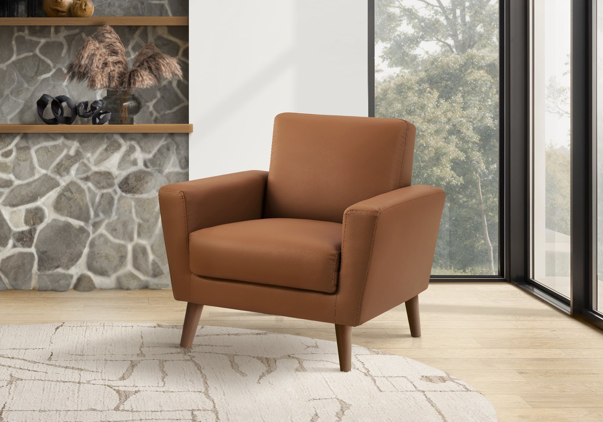 MN-408J21710    Chair, 34" Wide, Upholstered, Accent Chair, Cognac Leather Look, Walnut Wood Legs, Mid Century