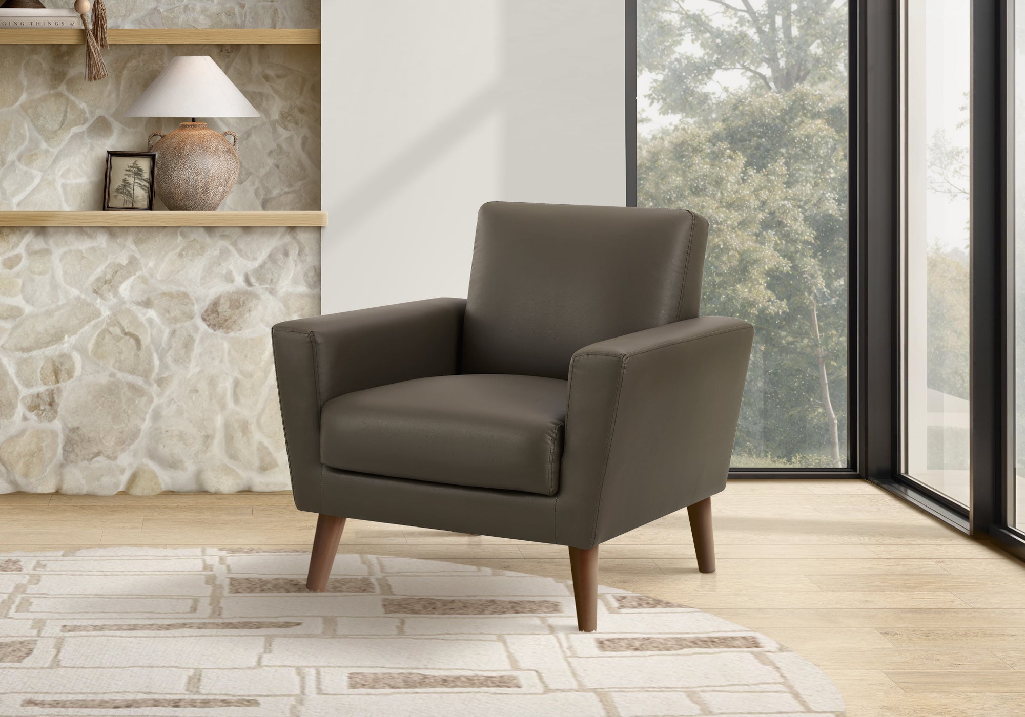 MN-418J21A08    Chair, 34" Wide, Upholstered, Accent Chair, Brown Leather Look, Walnut Wood Legs, Mid Century, Modern