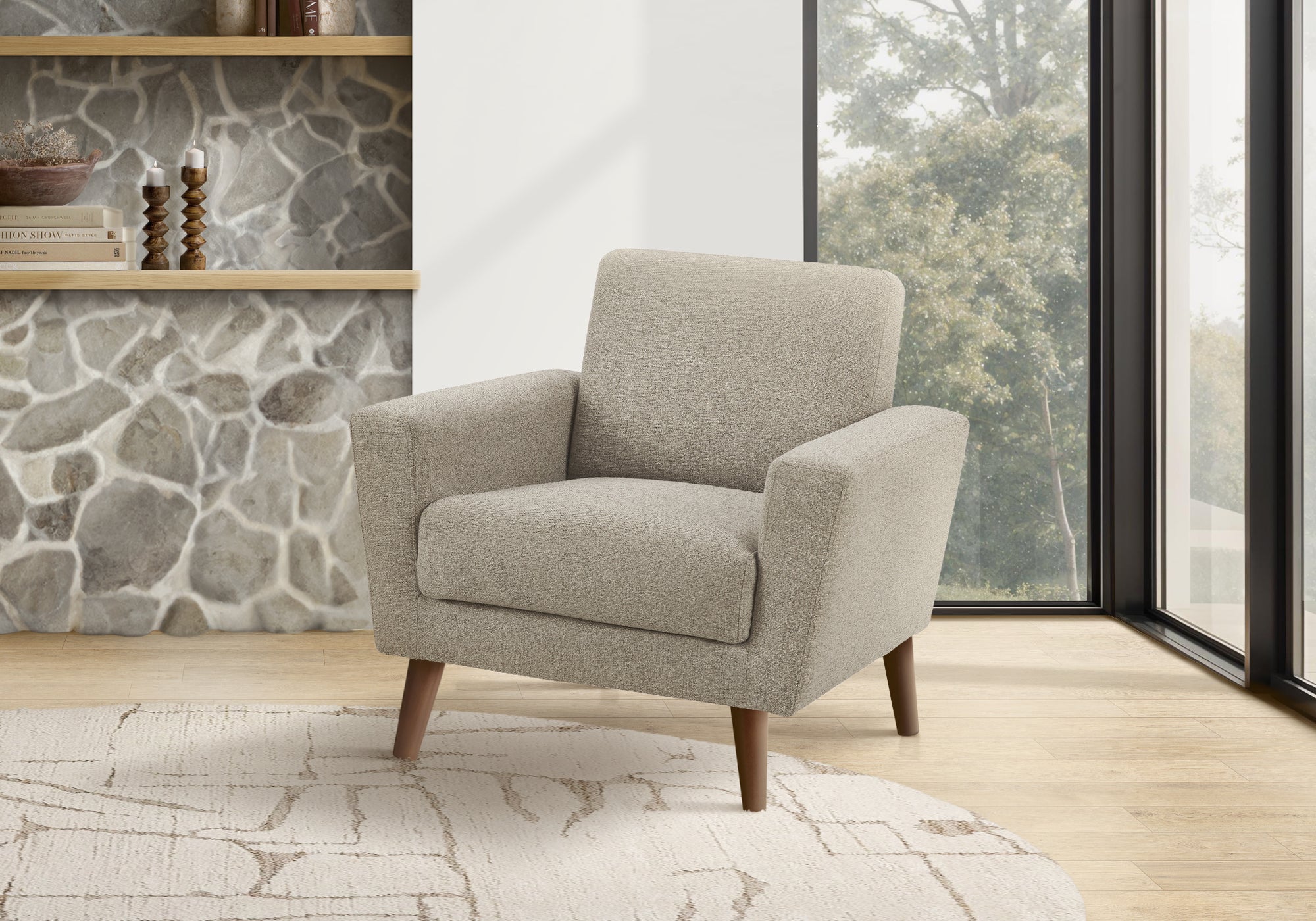 MN-428J21L31    Chair, 34" Wide, Upholstered, Accent Chair, Light Brown Fabric, Walnut Wood Legs, Mid Century, Modern