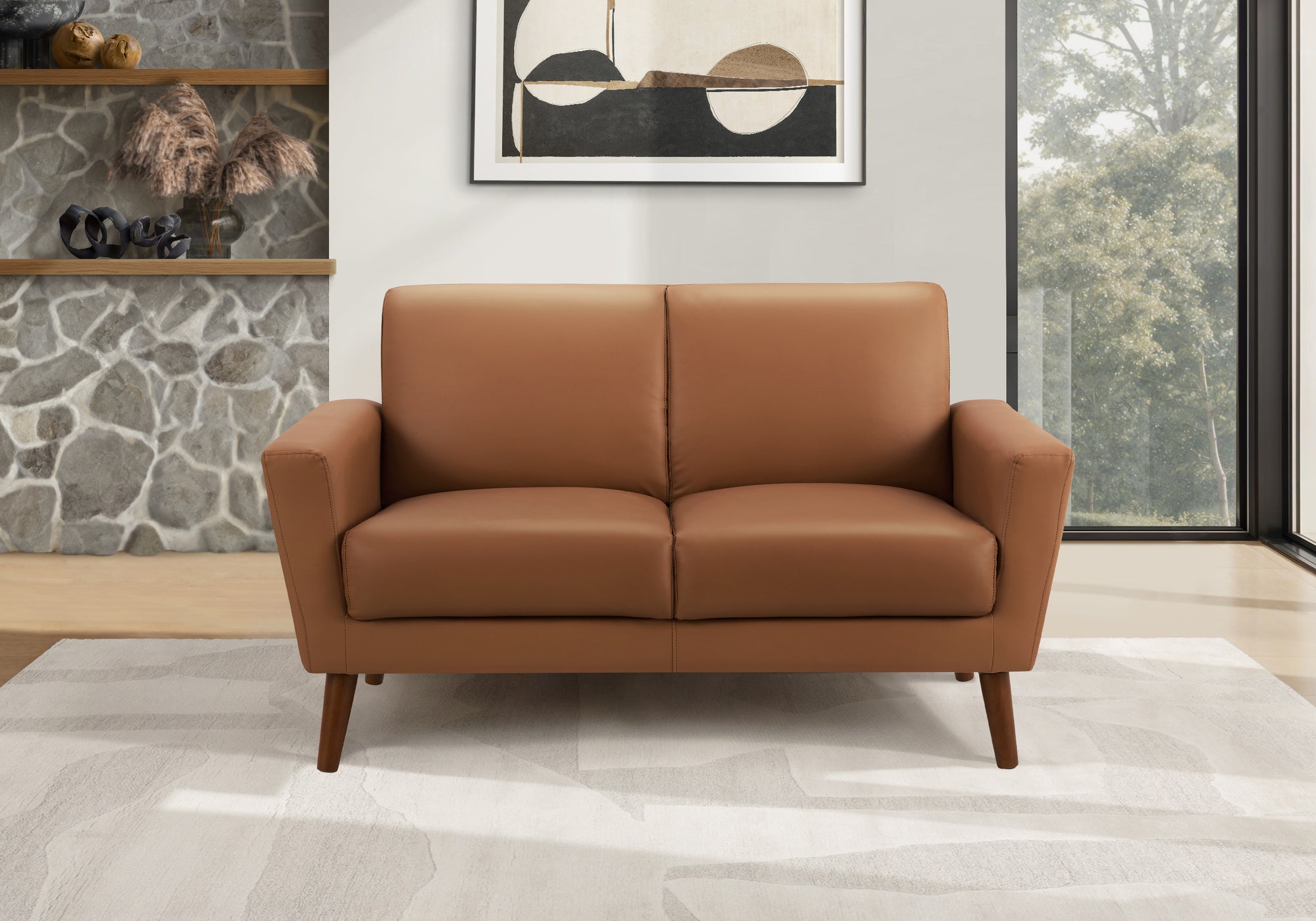 MN-438J22710    Love Seat, 58" L, Upholstered, Living Room, Brown Leather Look, Walnut Wood Legs, Mid Century